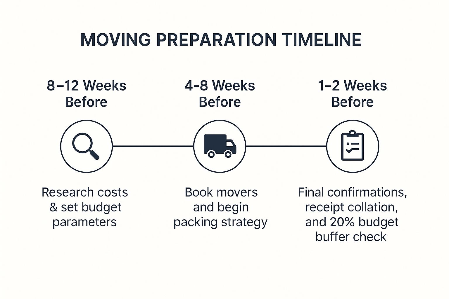 Infographic showing a timeline for moving preparation, with stages at 8-12 weeks, 4-8 weeks, and 1-2 weeks before the move.