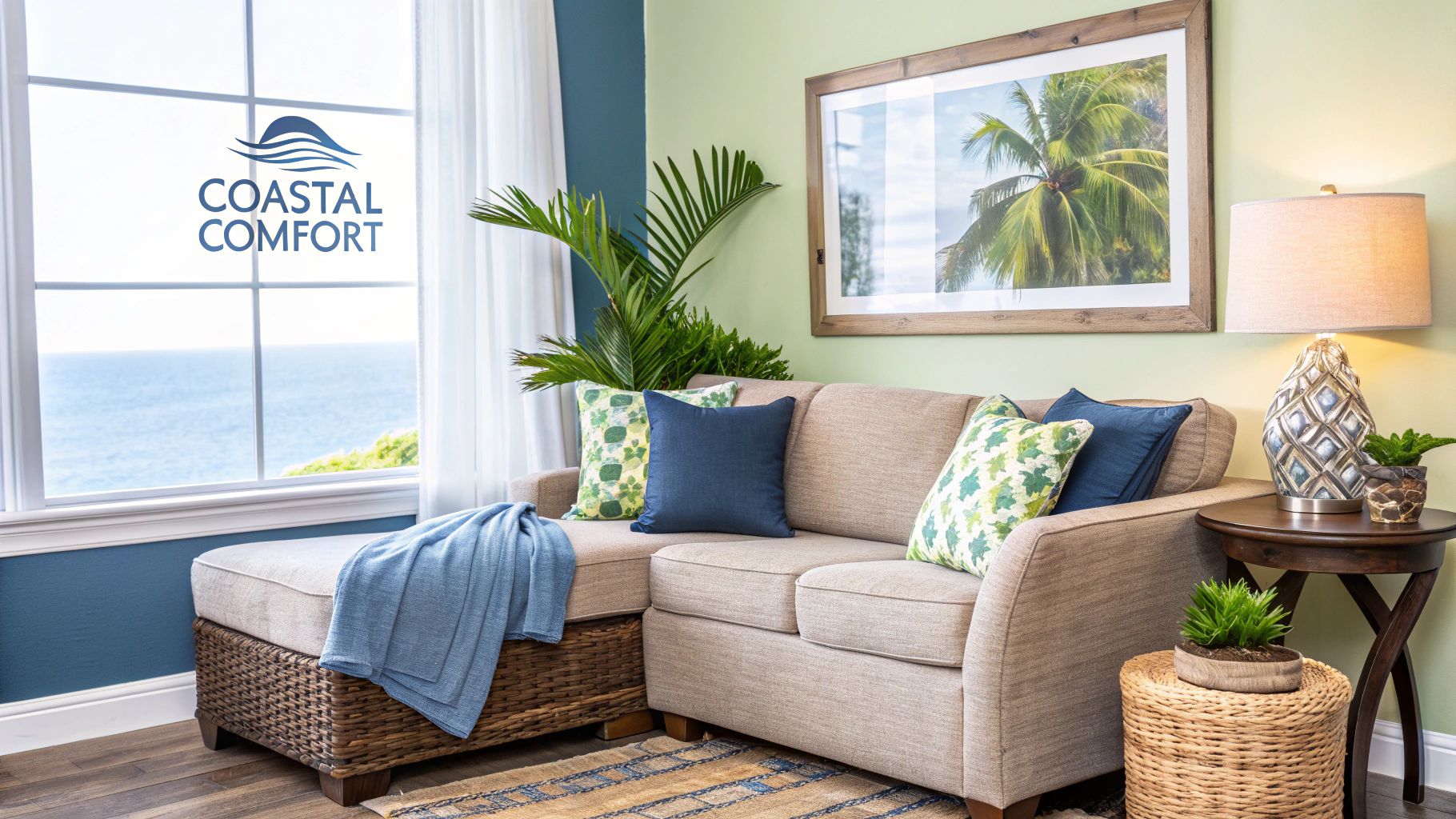 A close-up shot of a white slipcovered Hamptons style couch, highlighting the clean lines and relaxed fabric.