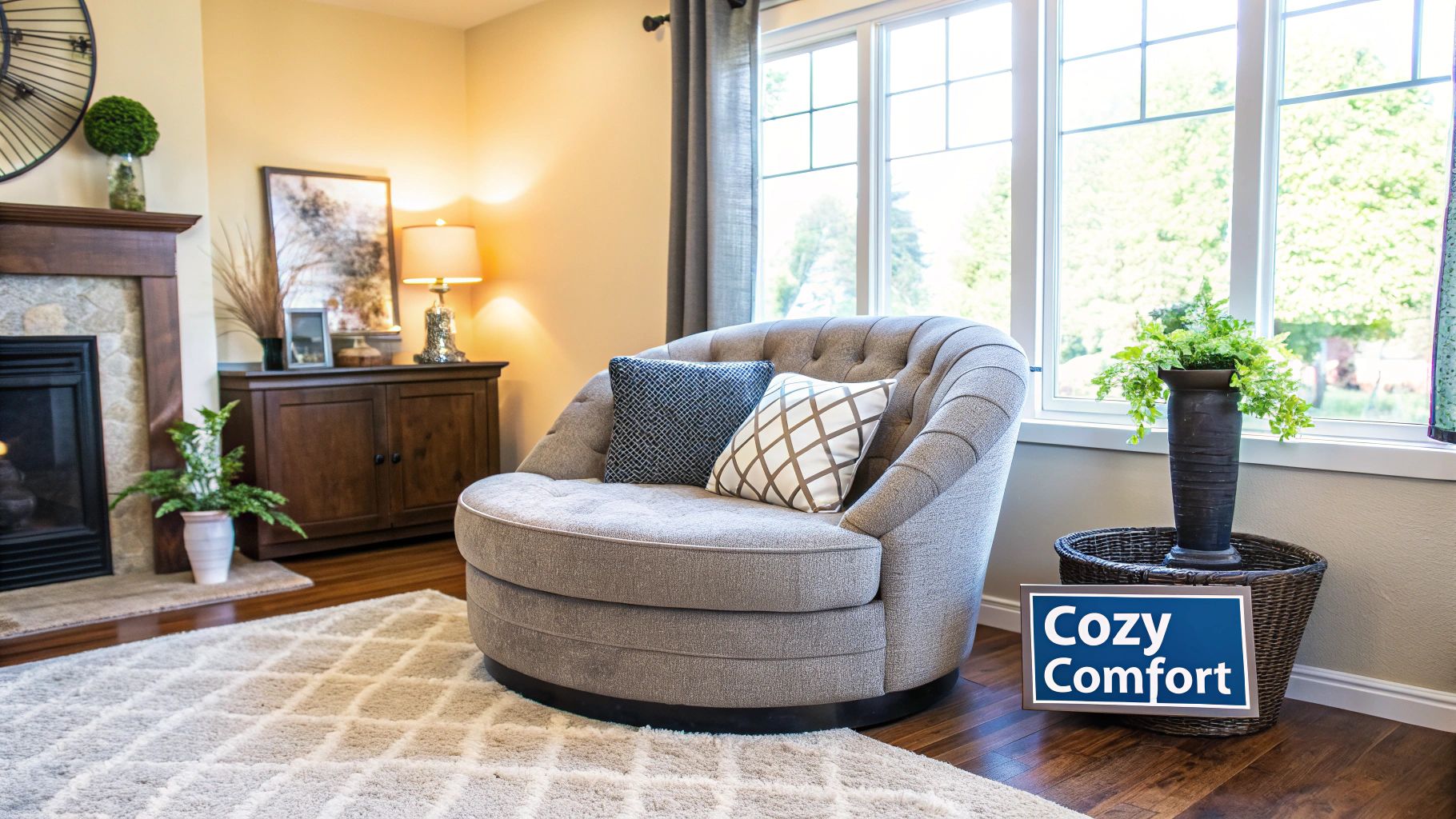 A stylish living room featuring a grey round sofa chair with a white cover and decorative pillows, creating a cosy corner.