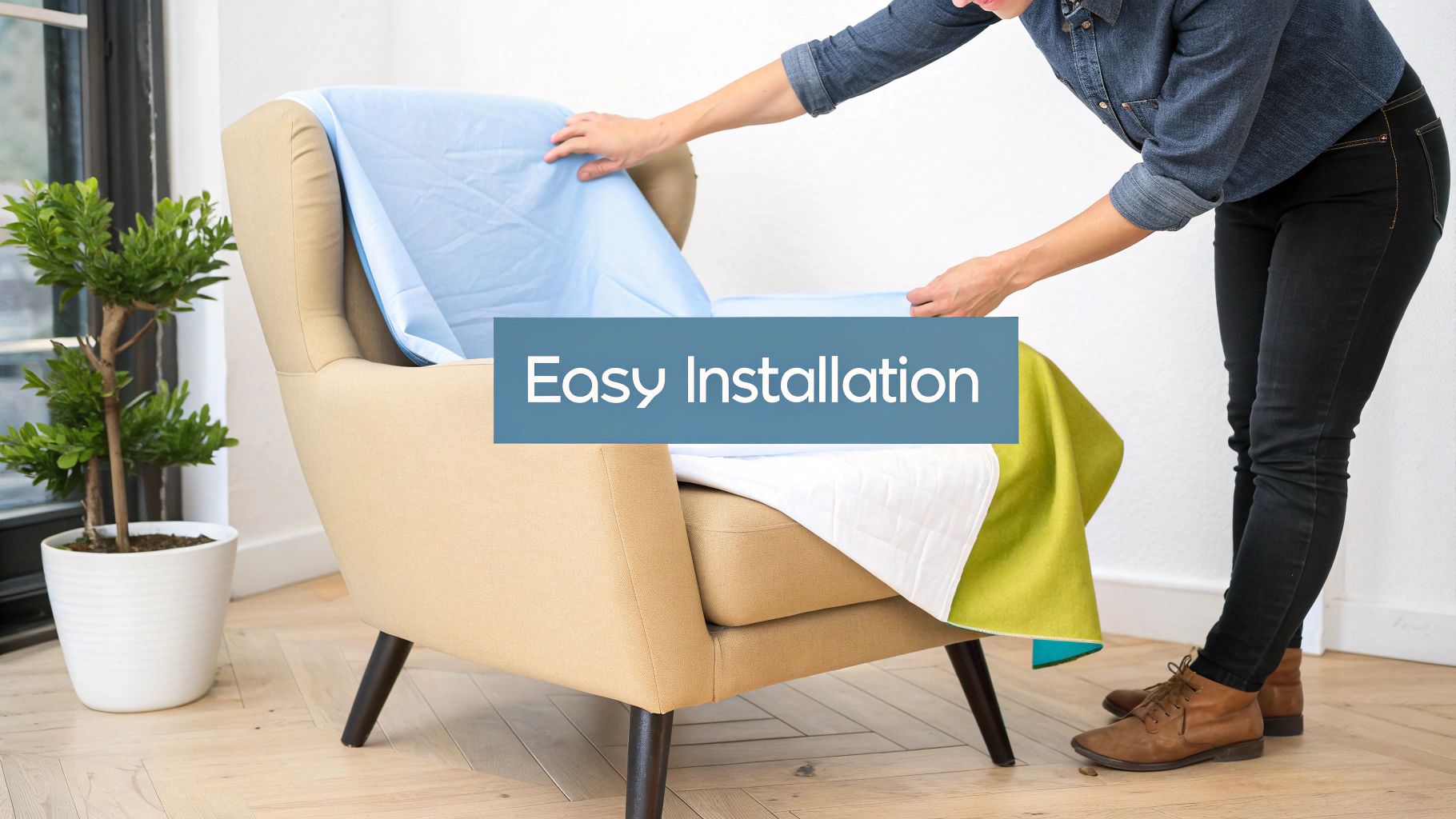 A person smoothing a new cover over a sofa for a perfect fit.