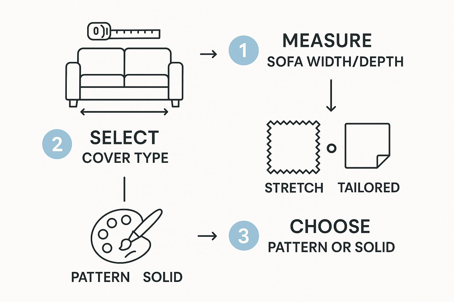 Infographic showing the process of measuring a sofa, selecting a cover type, and choosing a colour or pattern.