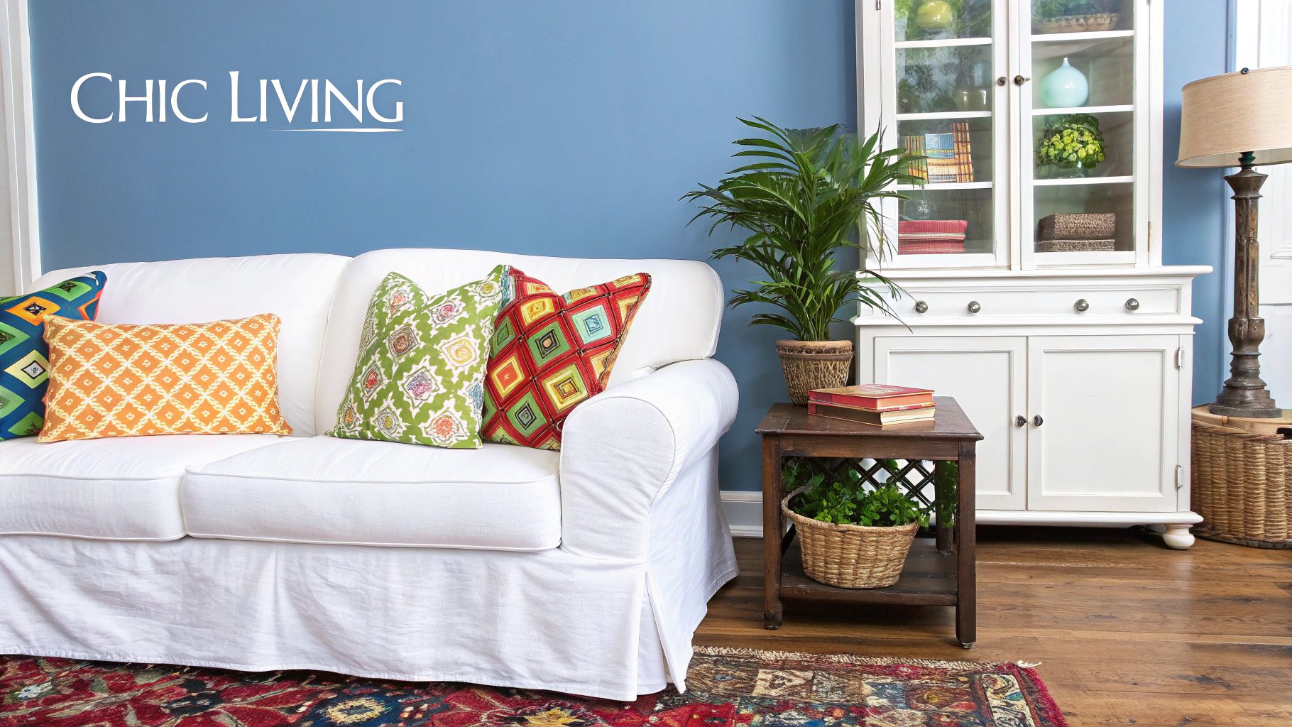 A beautifully styled living room featuring a white slipcovered sofa, accented with blue cushions and a natural wood coffee table.
