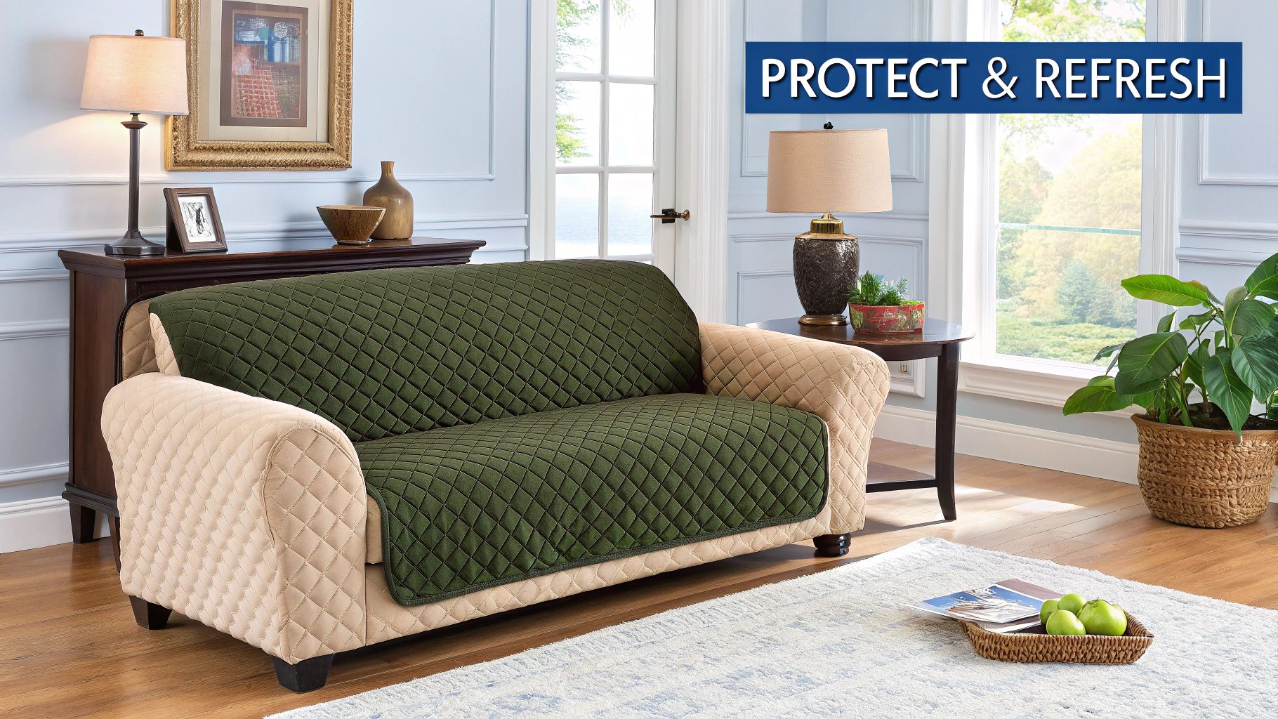 A modern living room with a grey stretch couch cover fitted neatly on a sofa.