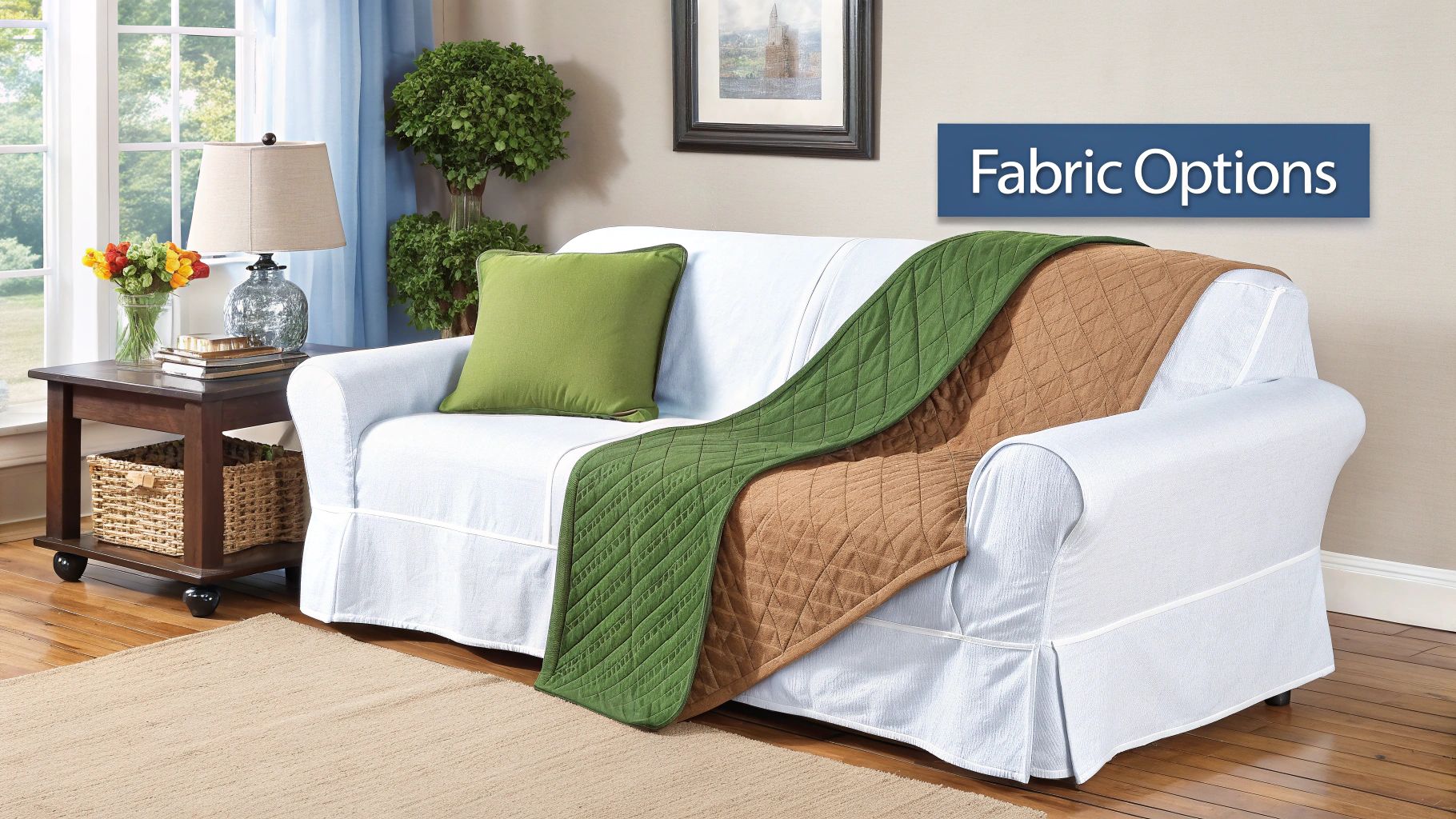 A person carefully tucking a white slipcover into a sofa crevice to achieve a neat fit.