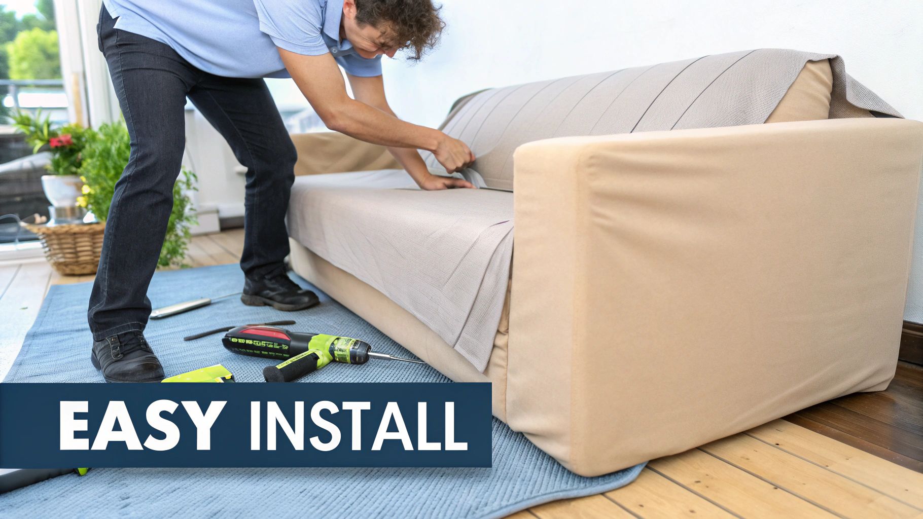 A person cleaning a small stain on a white sofa slipcover with a cloth.