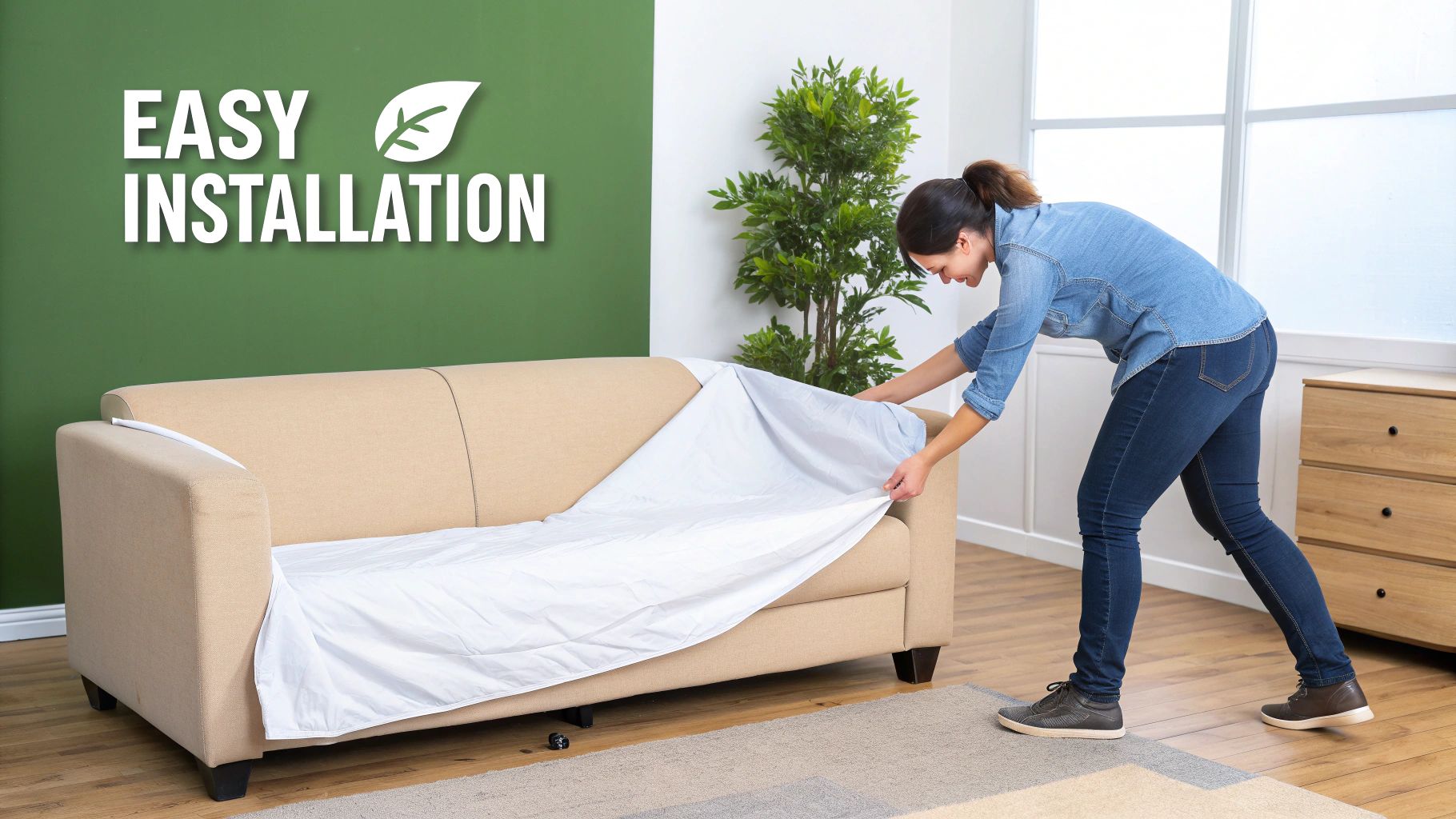 A person vacuuming a light-coloured sofa cover with an attachment to keep it clean.