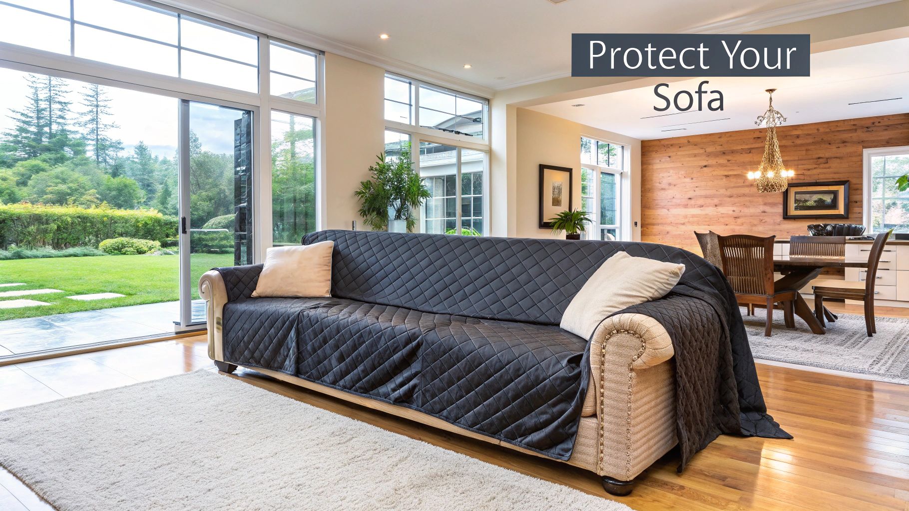 A large, comfortable sofa with a well-fitted grey cover in a bright, modern living room.