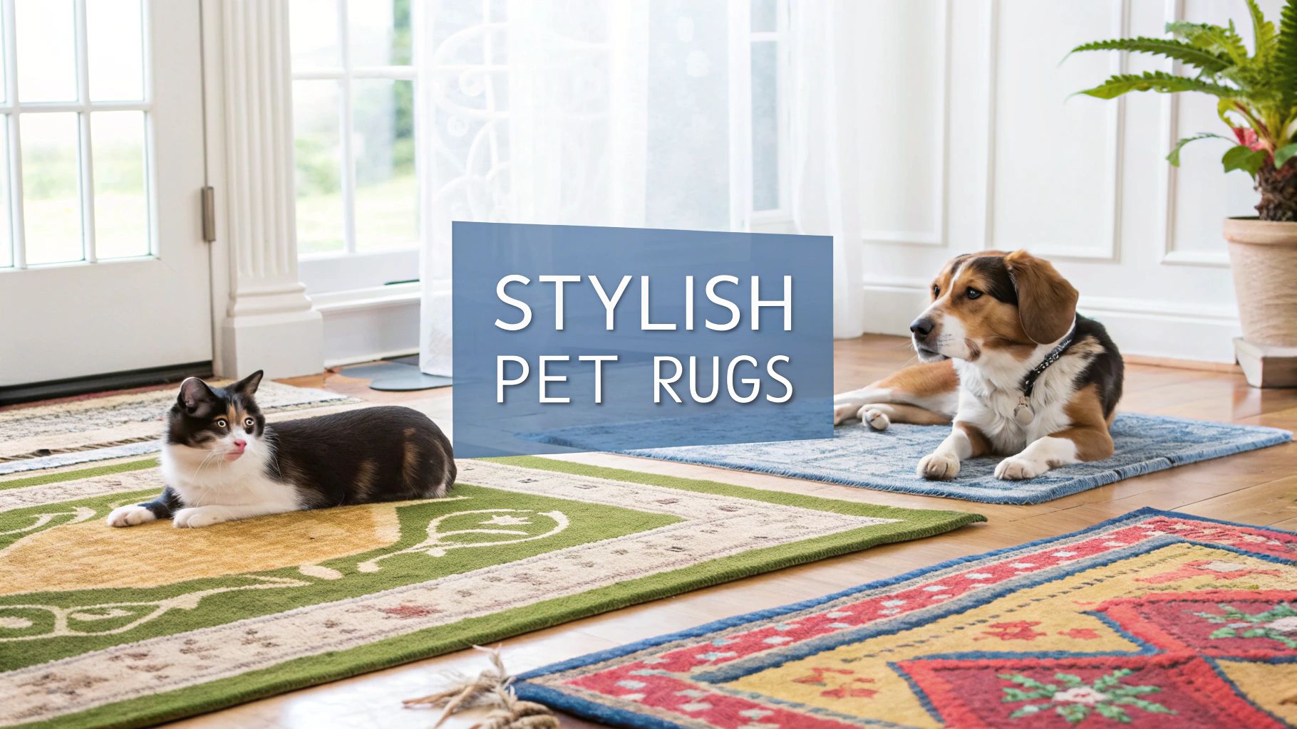 A stylish living room with a colourful, patterned pet friendly rug under a grey sofa.