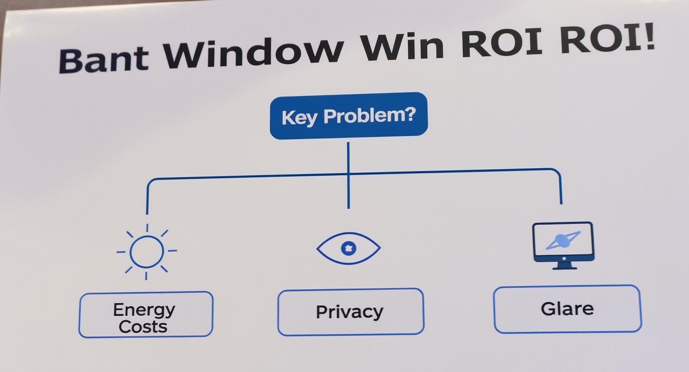An infographic decision tree helps businesses choose the right window tint by identifying their key problem: energy costs, privacy, or glare.