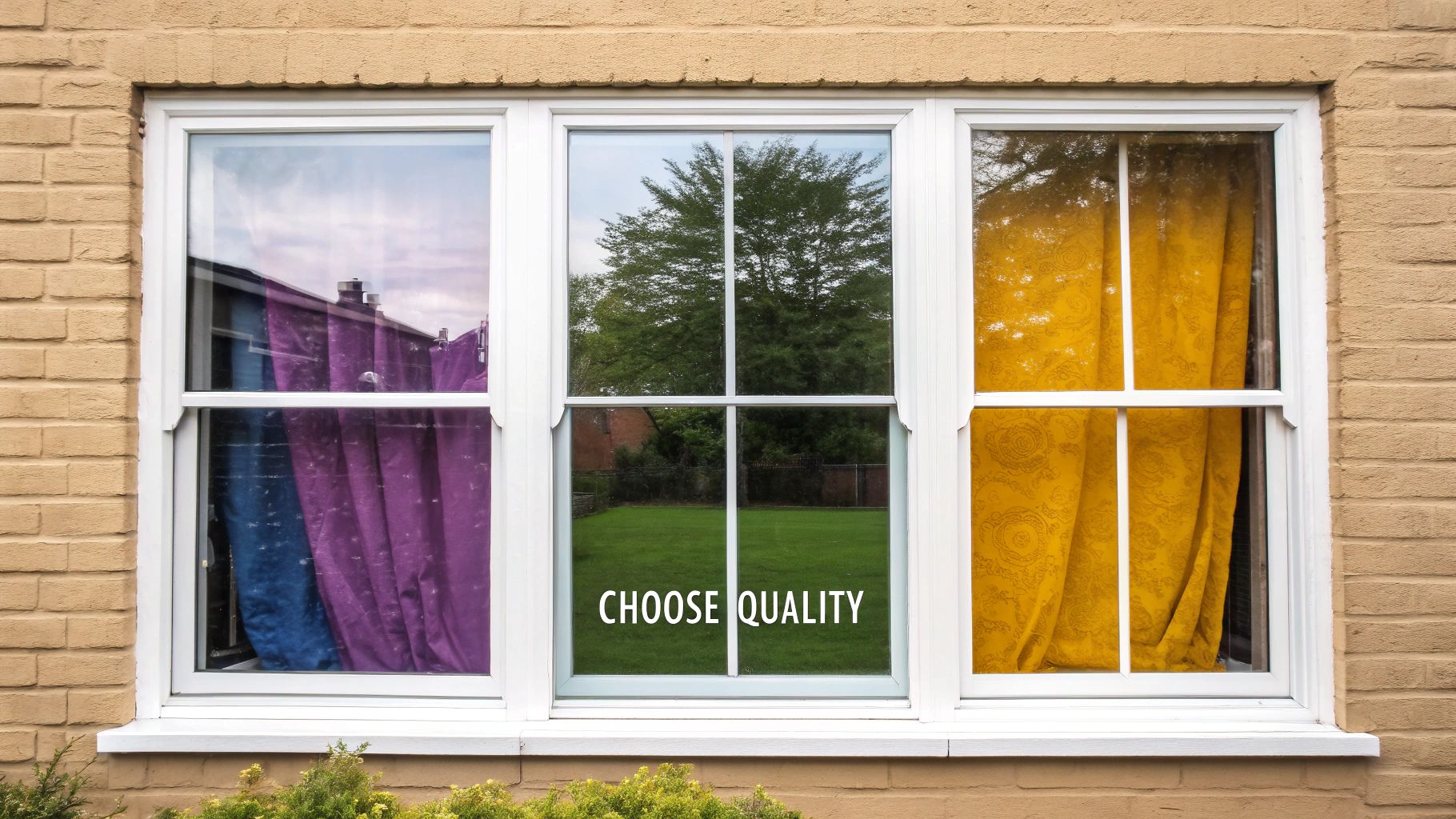 A white three-panel window on a beige brick wall with colorful curtains and text 'CHOOSE QUALITY'.