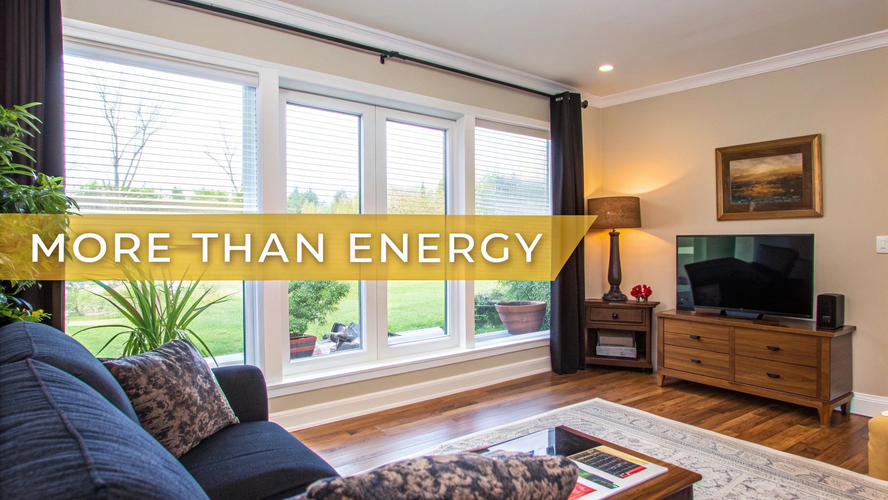 A cozy living room with large windows, a couch, TV, and the text 'MORE THAN ENERGY'.