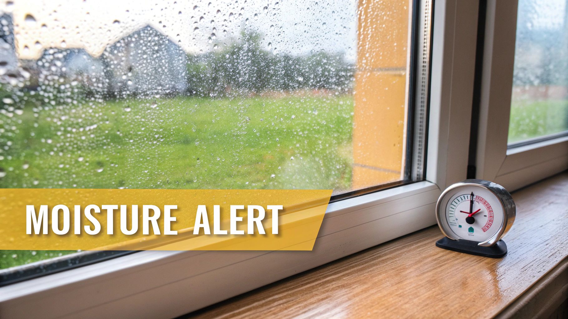 A window covered in raindrops with a blurred house outside, and a 'MOISTURE ALERT' banner.