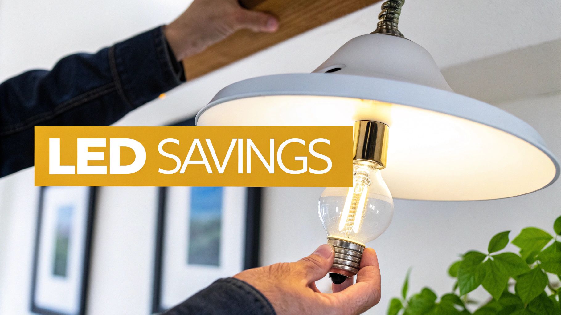 A person's hands installing an LED light bulb into a white light fixture with 'LED SAVINGS' text.