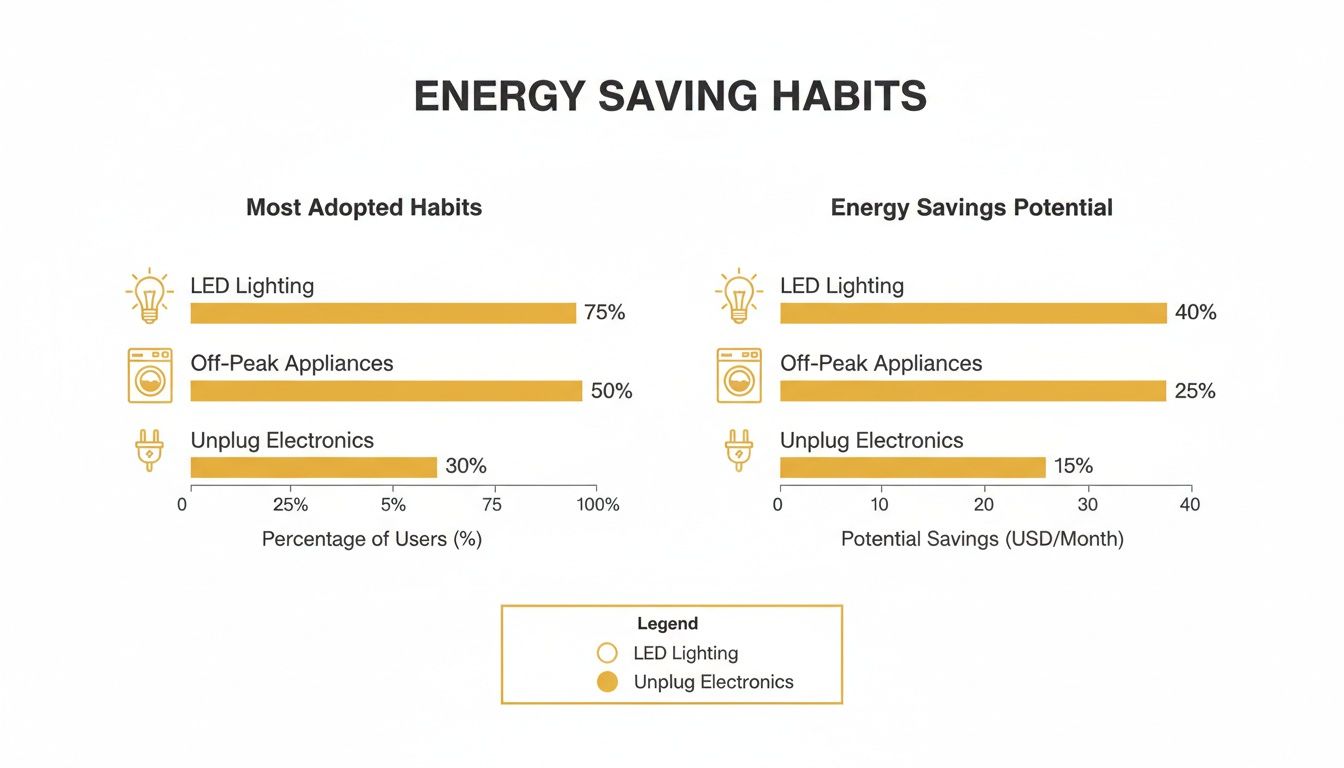 Bar charts displaying energy-saving habits adoption rates and their potential monthly savings.