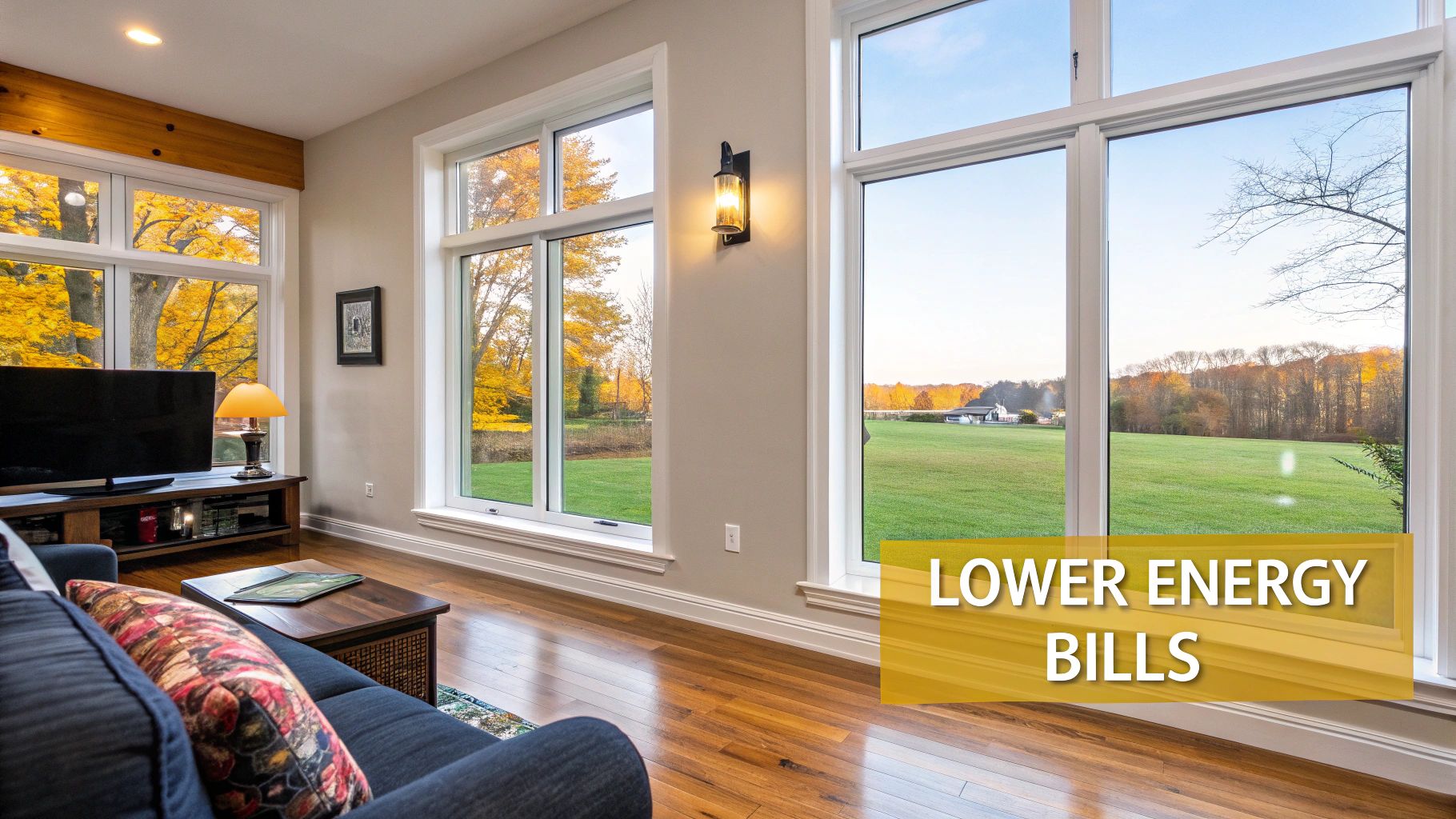 Bright living room with large windows overlooking an autumn landscape, promoting lower energy bills.