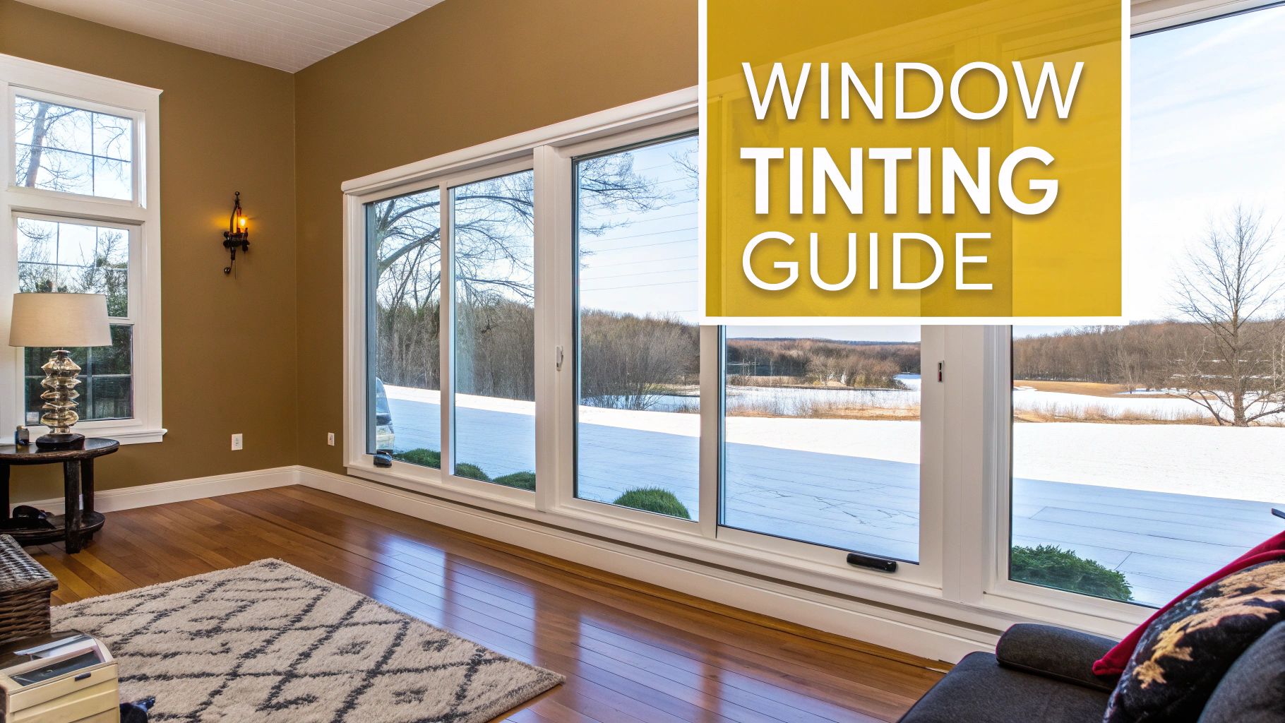 A cozy living room with large windows displaying a snowy landscape, featuring a 'WINDOW TINTING GUIDE' overlay.