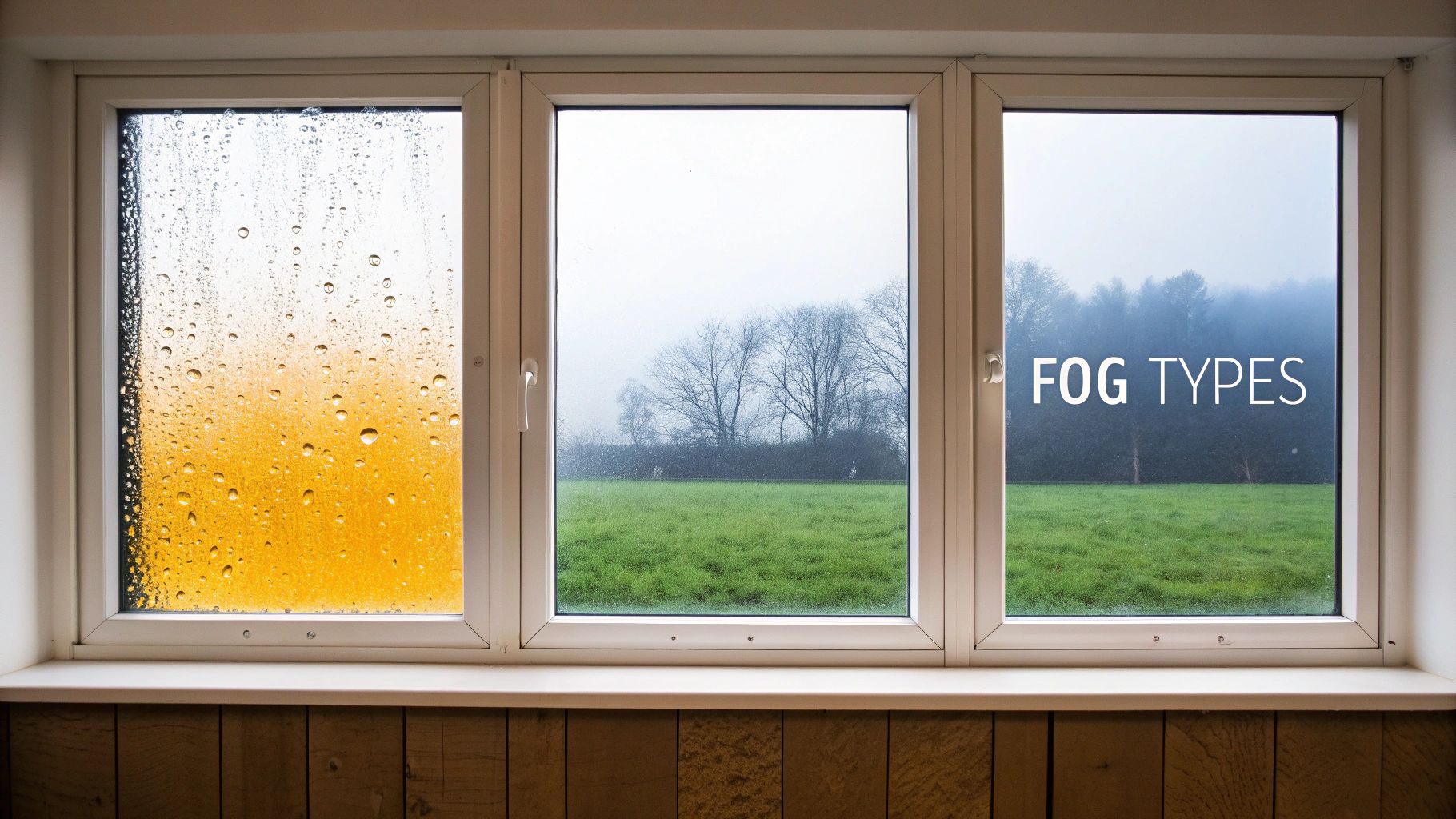 A three-panel window showing condensation, a foggy field, and text 'FOG TYPES' on different panes.