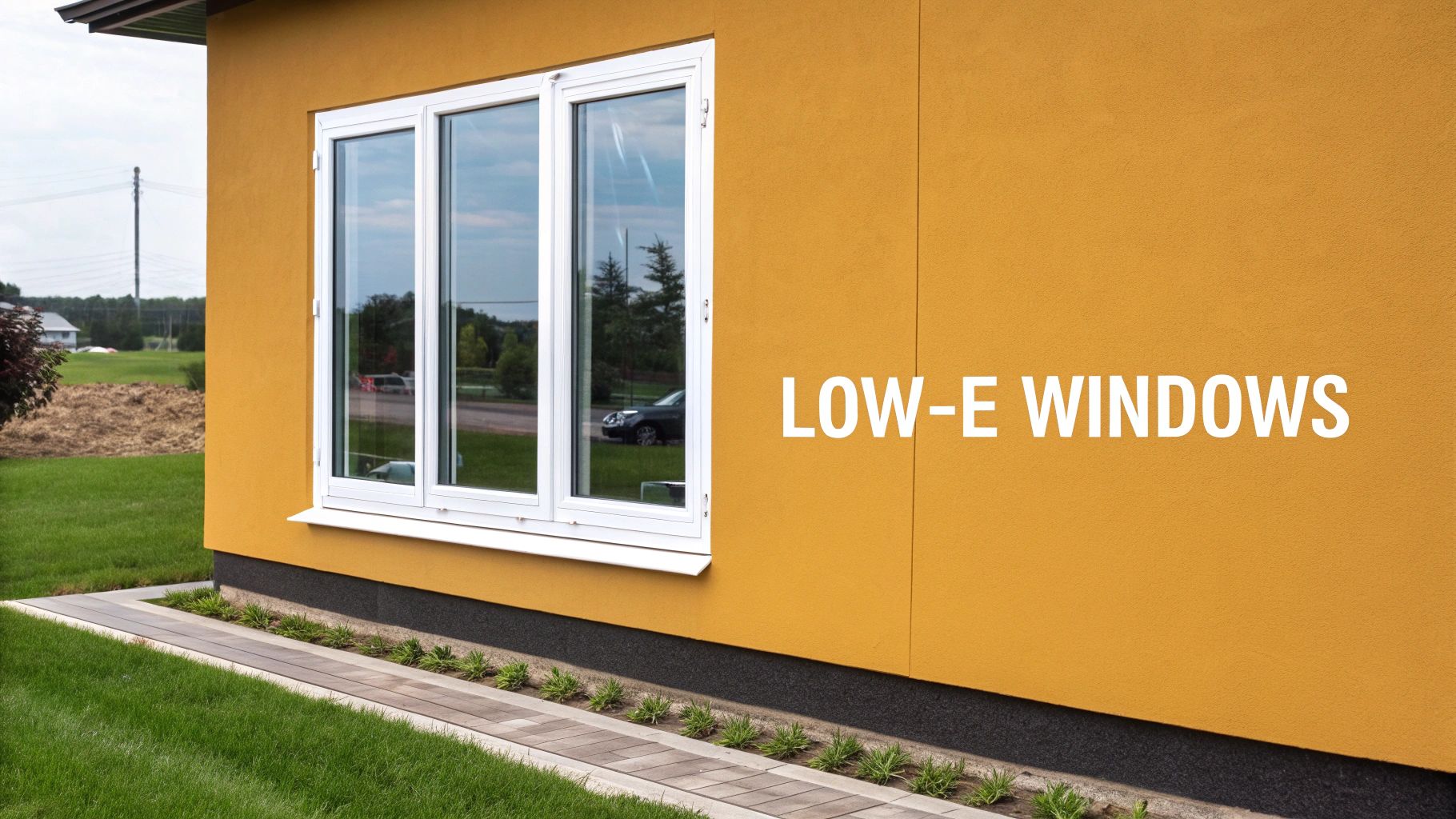 A modern house with a bright yellow exterior features energy-efficient Low-E windows reflecting trees and sky.