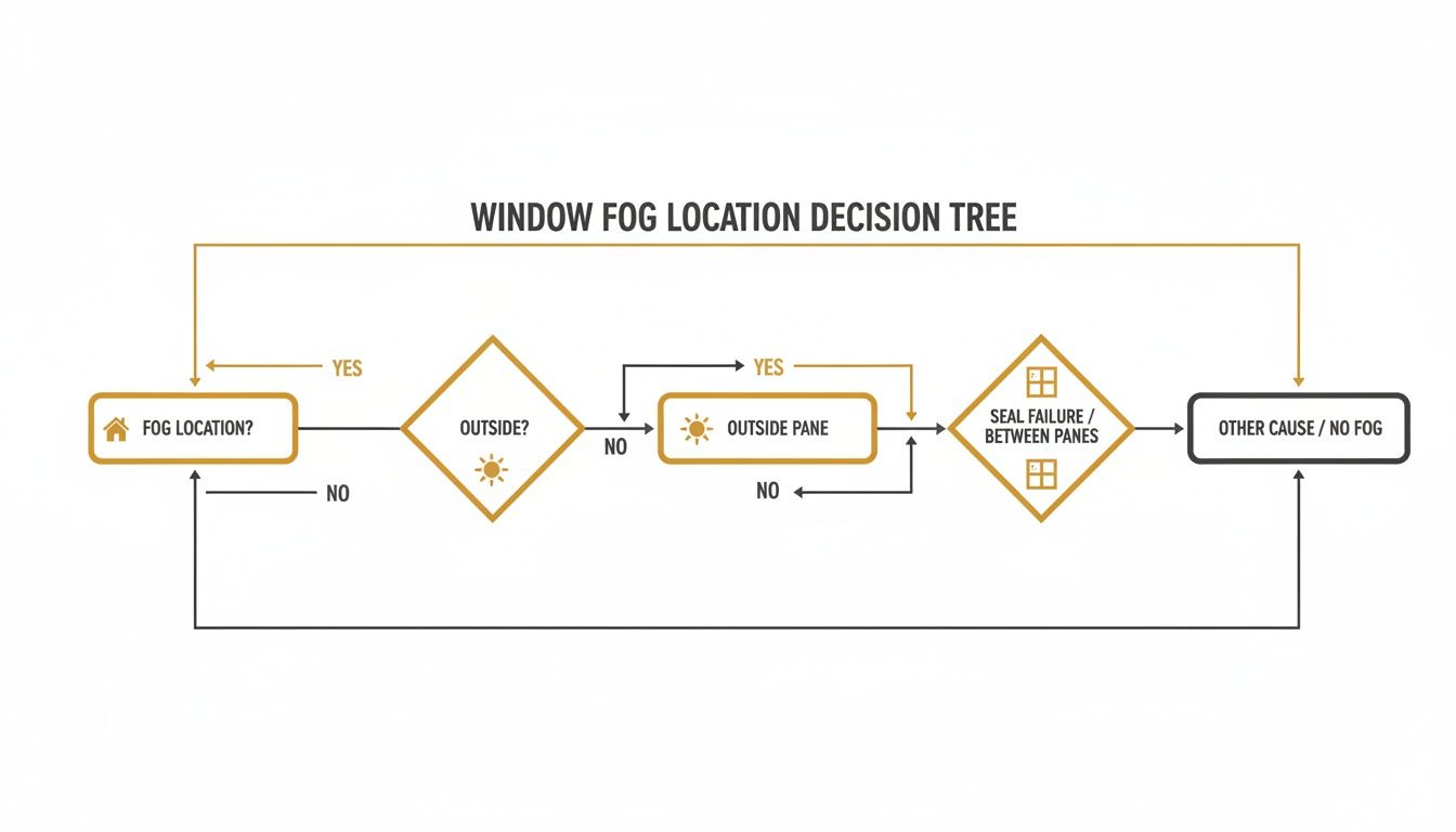 Decision tree flowchart for diagnosing window fog location and its potential causes, guiding users through troubleshooting steps.