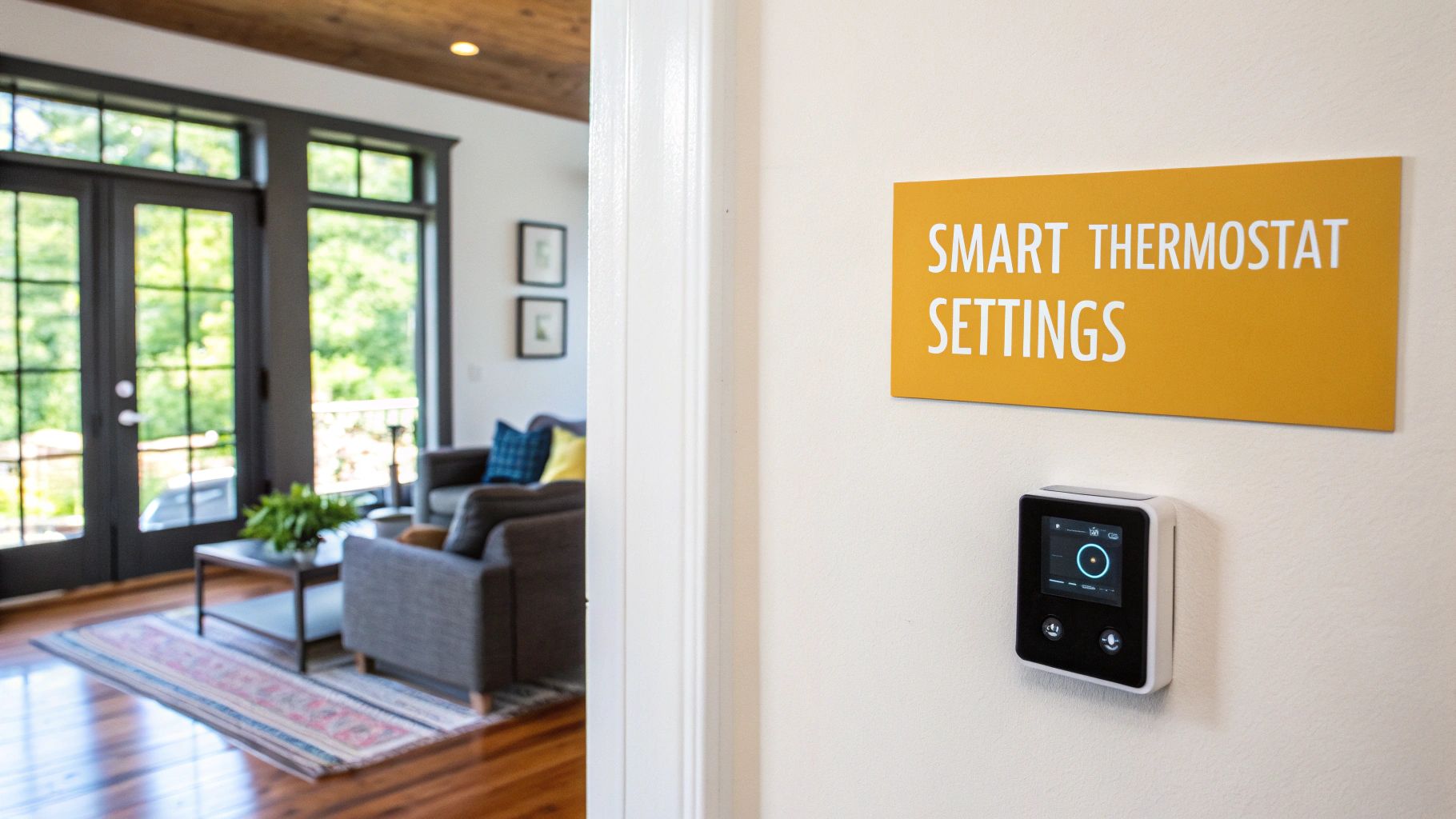 A smart thermostat and a sign saying "Smart Thermostat Settings" on a white wall in a modern home.