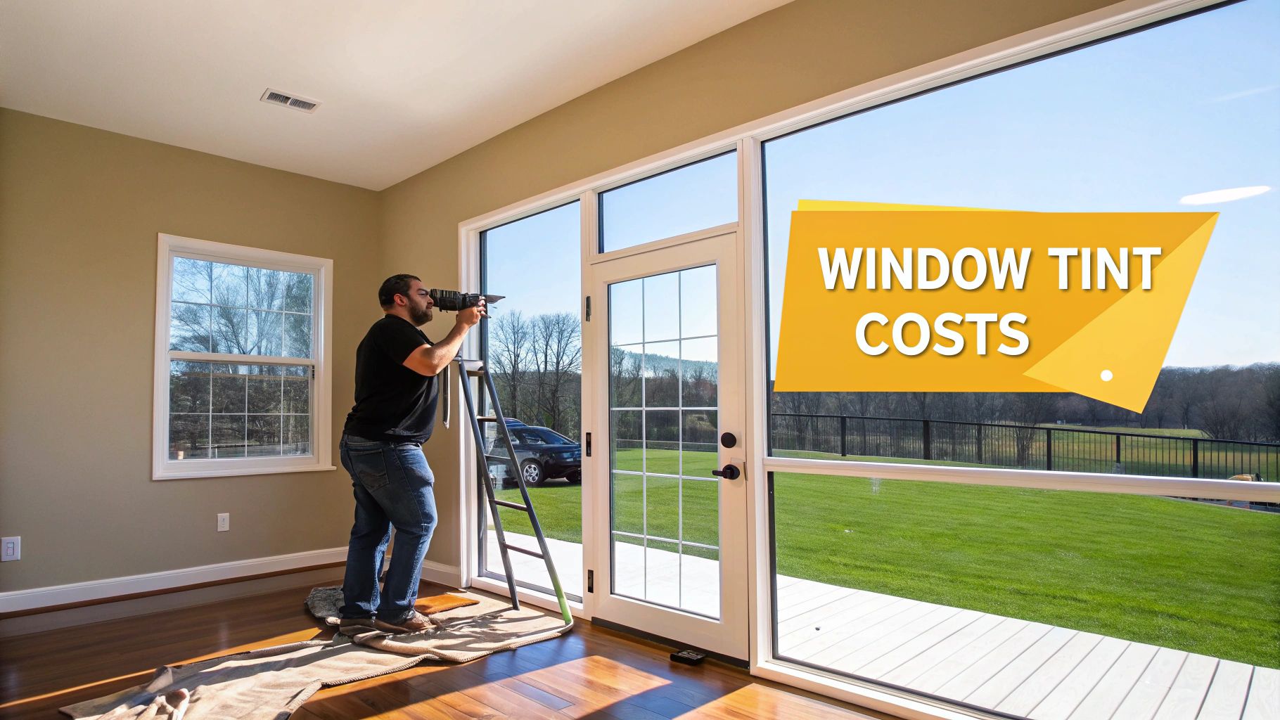 A man on a ladder installs window film on large glass doors in a home with a "WINDOW TINT COSTS" banner.