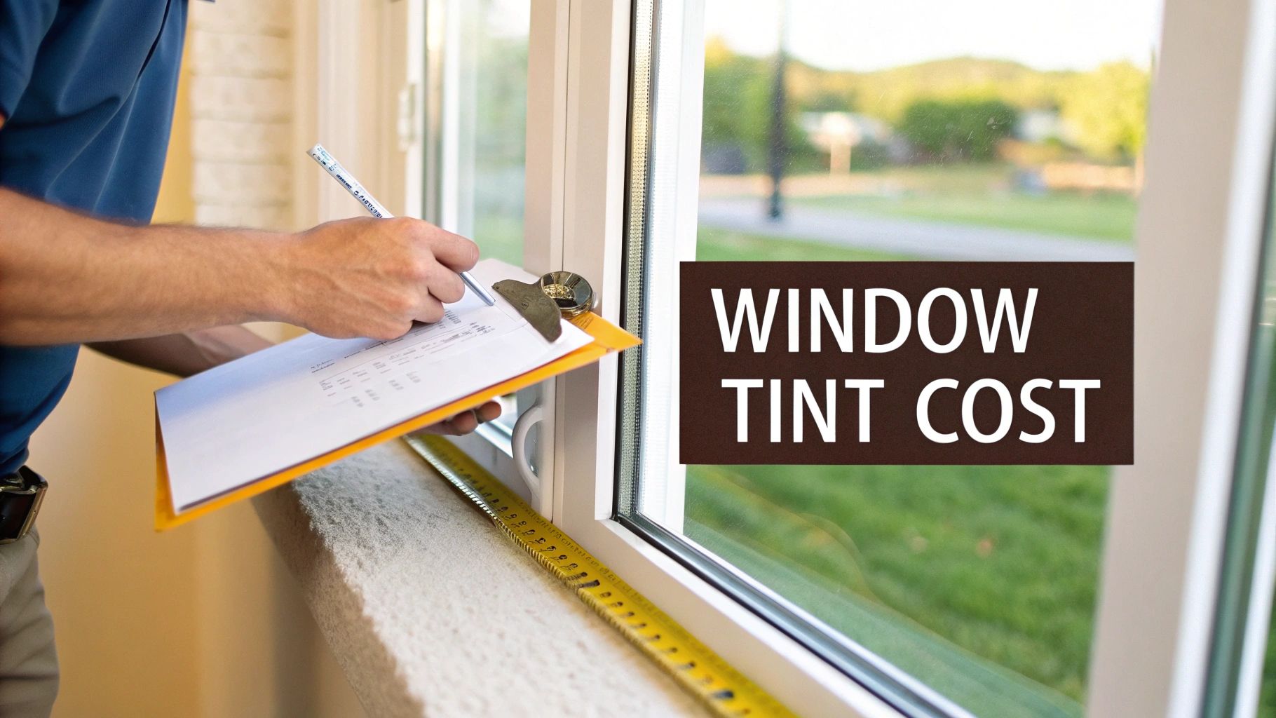 A person measures a window with a tape measure and writes on a clipboard, discussing window tint cost.