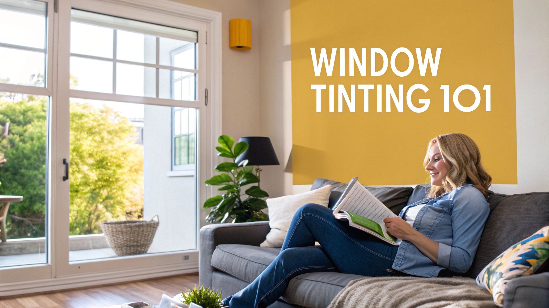A woman relaxes on a sofa, reading a book in a bright living room with large windows.