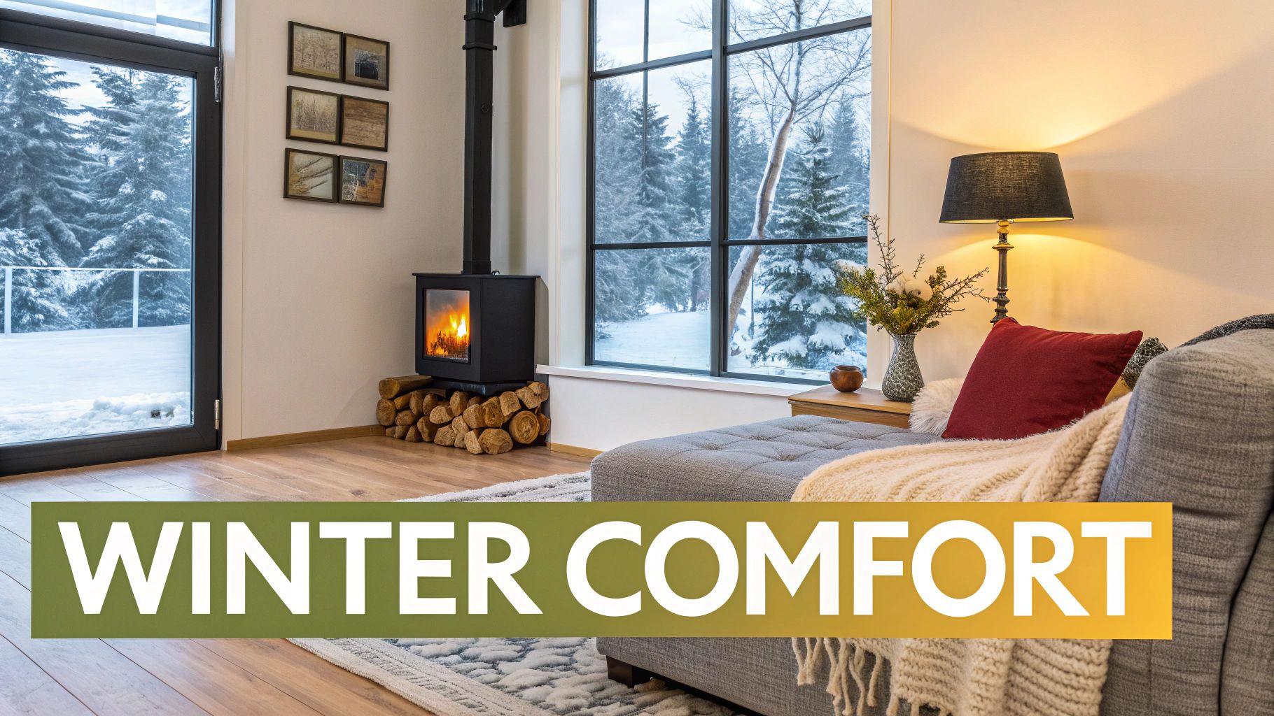 Cozy winter living room with a wood-burning stove, a comfortable sofa, and a snowy forest view.