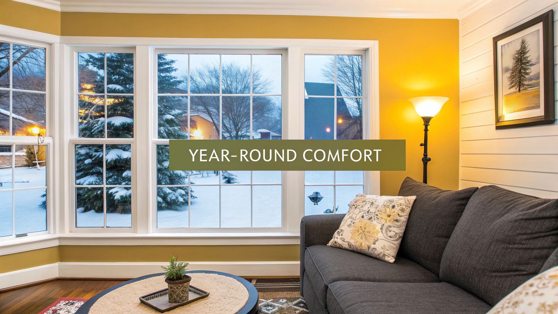Cozy living room with large windows overlooking a snowy winter scene, emphasizing year-round comfort.