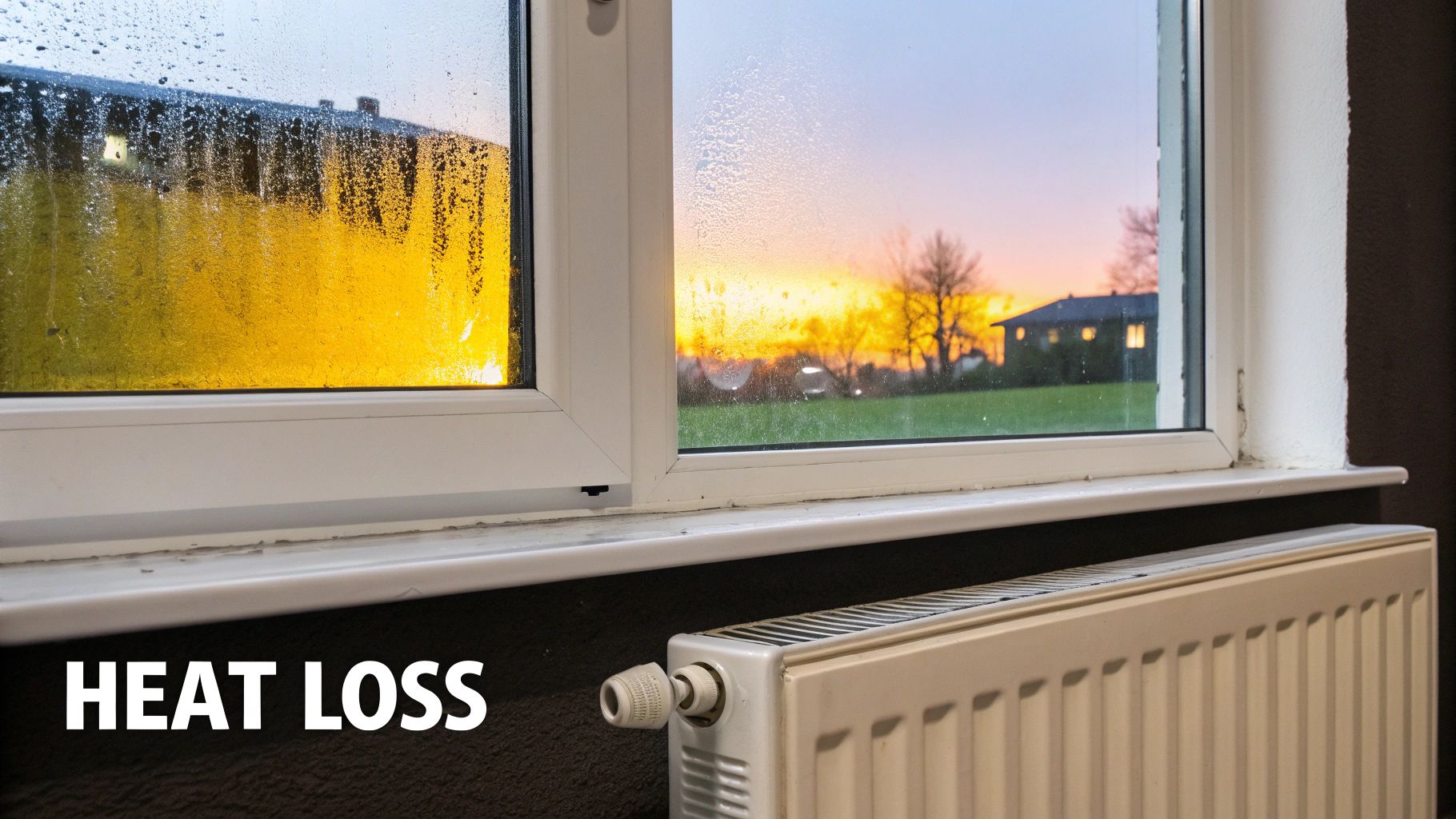 A window with condensation, a sunset view outside, and a white radiator underneath, illustrating heat loss.