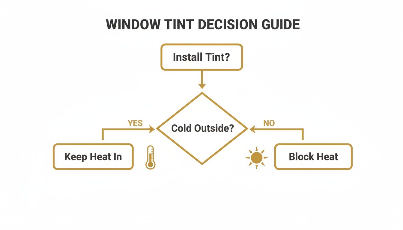 Flowchart guiding window tint decisions based on outside temperature for heat management.