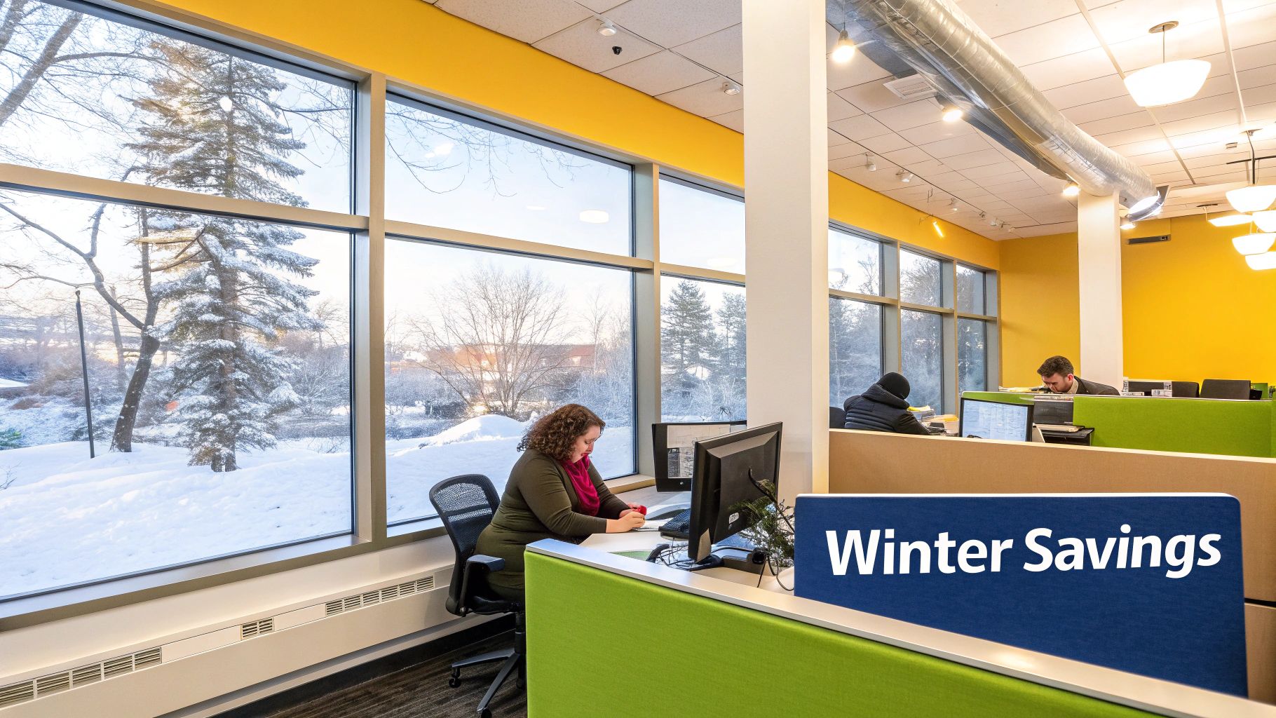 Modern office interior with workers, large windows showcasing a snowy winter landscape, and a "Winter Savings" sign.