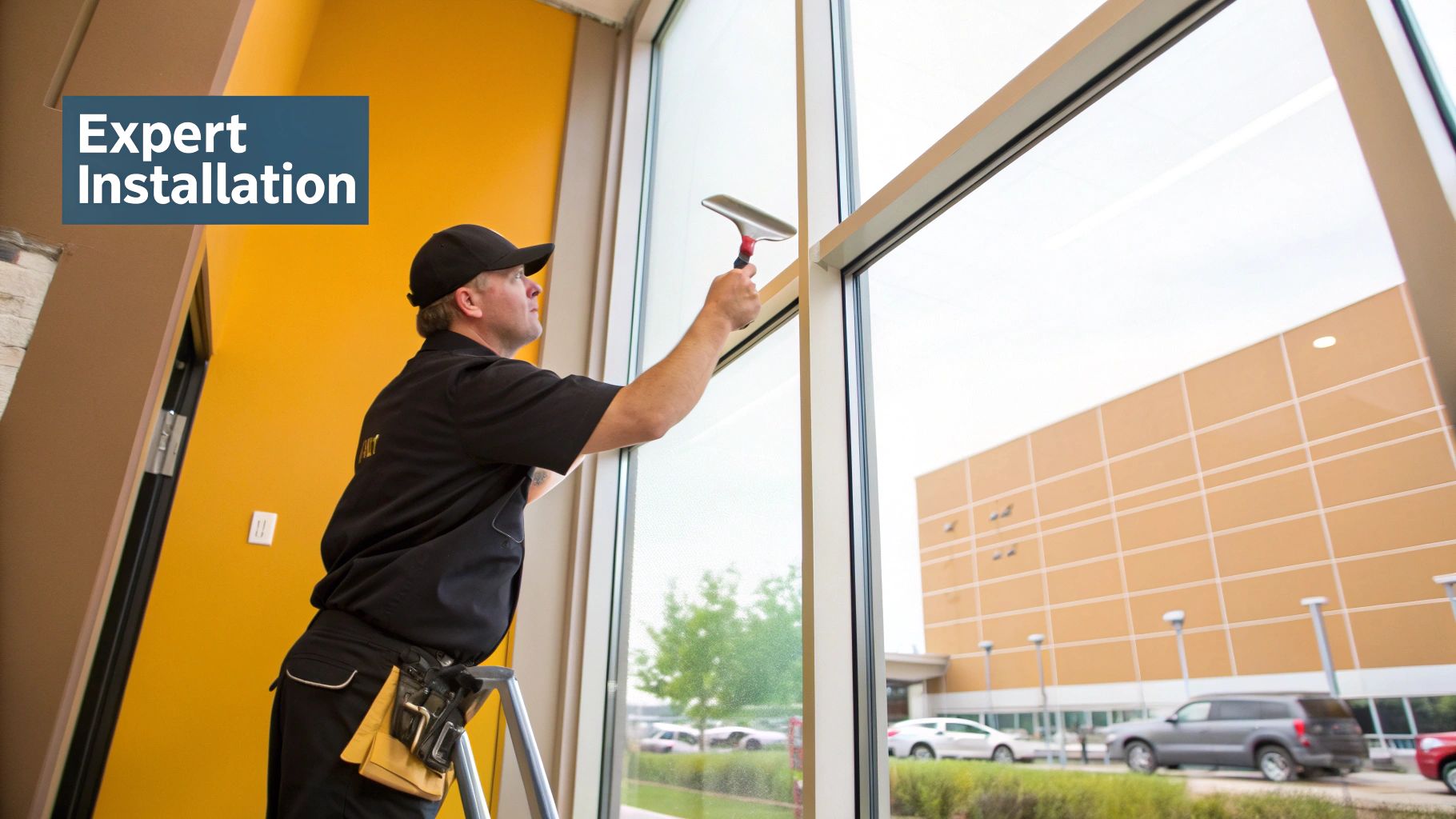 A professional technician expertly installs window film or cleans a large commercial window with a squeegee.