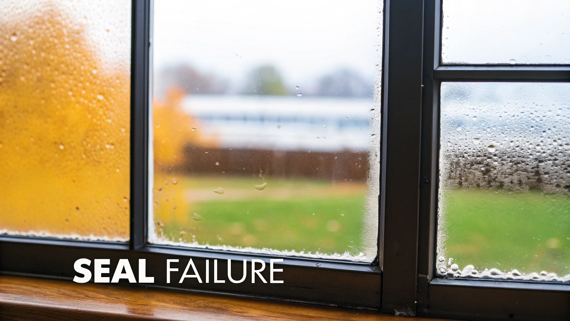 Close-up of a window with heavy condensation and water droplets on multiple glass panes, indicating seal failure.