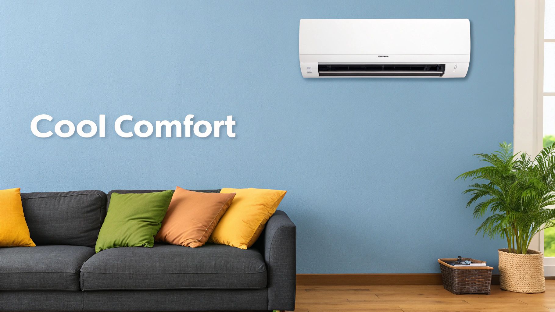 A modern living room with a blue wall, dark grey sofa, colorful cushions, and a white air conditioner providing cool comfort.