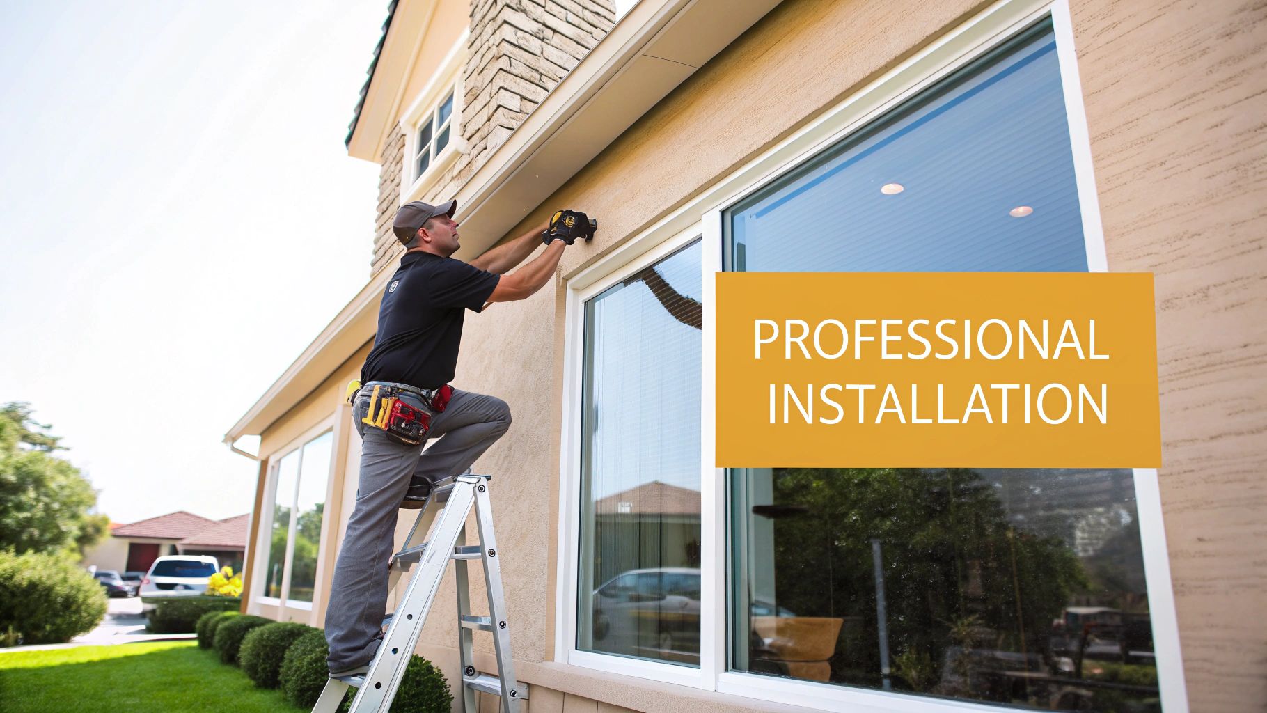 A professional installer on a ladder fixing a fixture above a large window on a house.