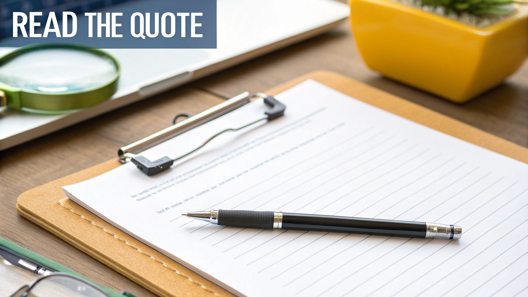 A pen rests on a document on a clipboard, surrounded by desk items, with overlay text 'READ THE QUOTE'.