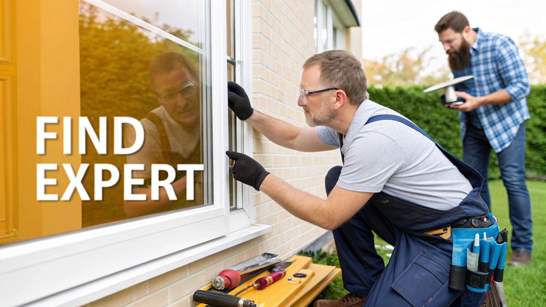 Two men, window technicians, installing or repairing a white window on a brick house. Text: FIND EXPERT.