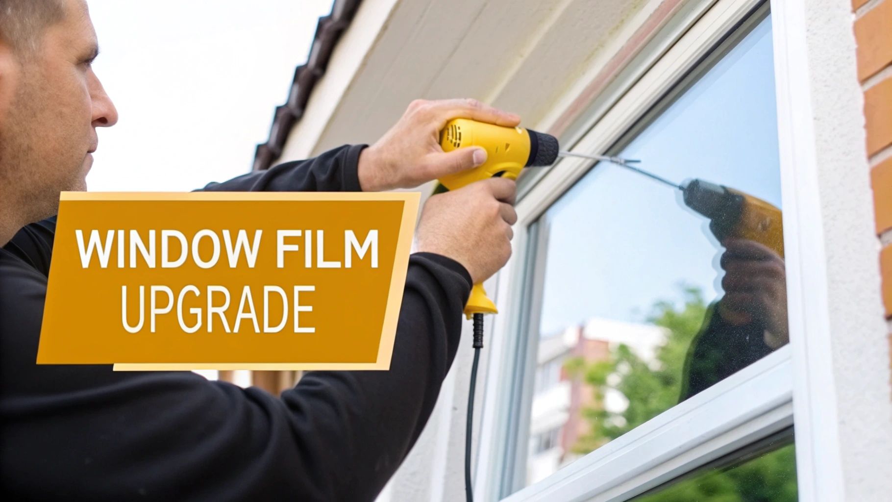 A person applying window film with a yellow tool to a residential window.