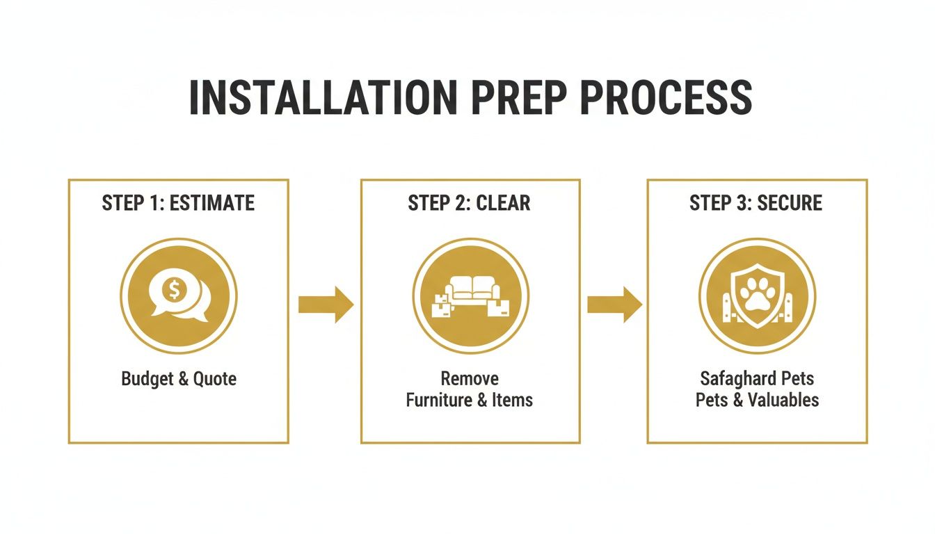 A three-step diagram outlining the installation preparation process: estimate, clear, and secure pets and valuables.