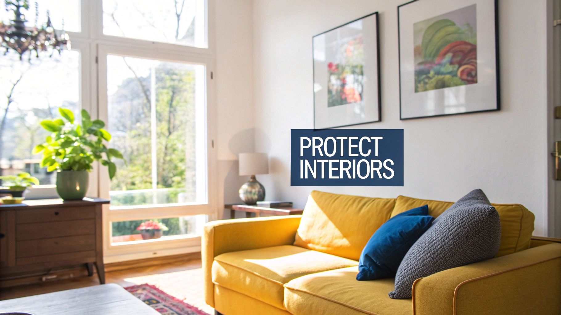 Bright living room with a yellow couch, houseplants, artwork, and a large window.