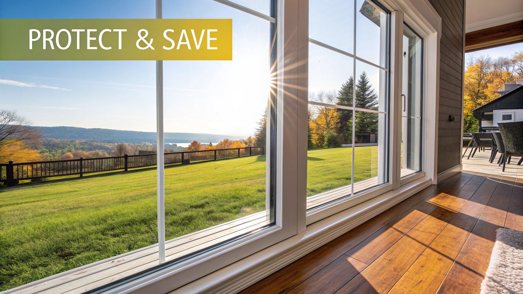 A large sliding glass window overlooking a scenic autumn landscape with a lake, featuring a 'PROTECT & SAVE' banner.