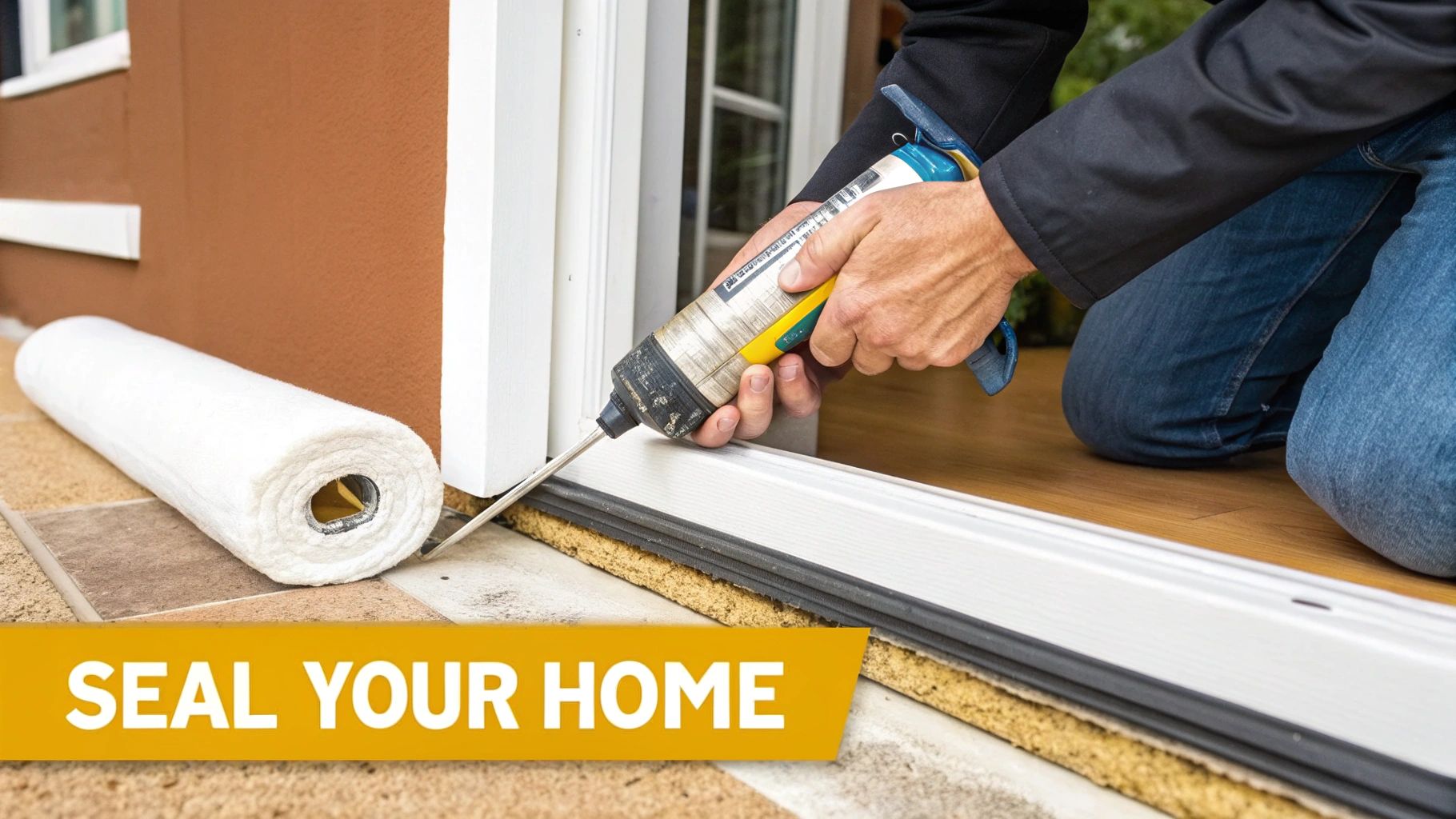 Person applying caulk to a door frame with insulation material on the ground, sealing their home.