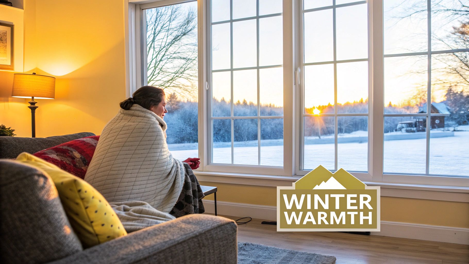 A person wrapped in a blanket looking out a window at a snowy winter scene with a sunset.