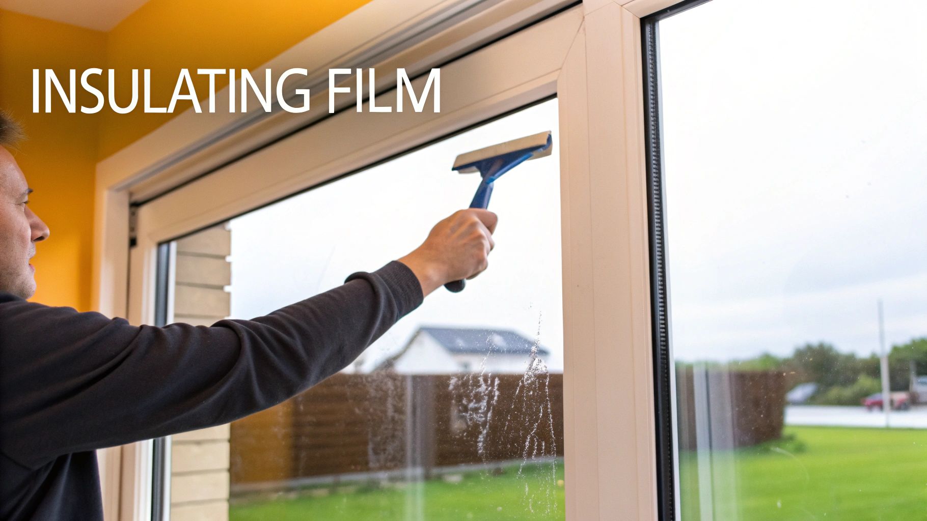 A person's hand uses a blue squeegee to clean a large glass window.