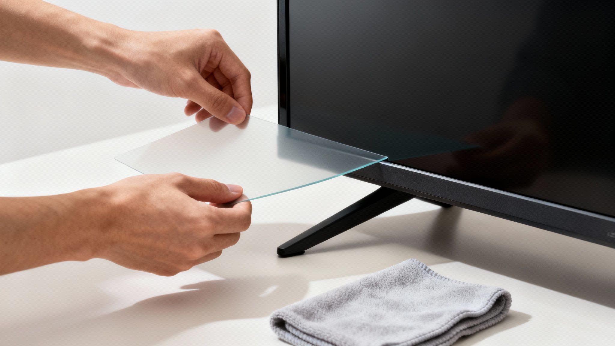 Man applying anti-glare screen protector to a TV