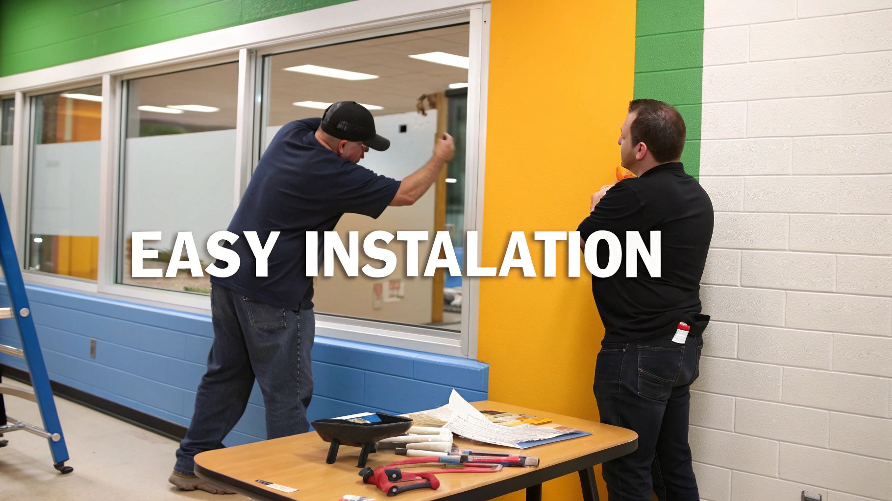 Two men installing a security window film in a school building, demonstrating easy installation.