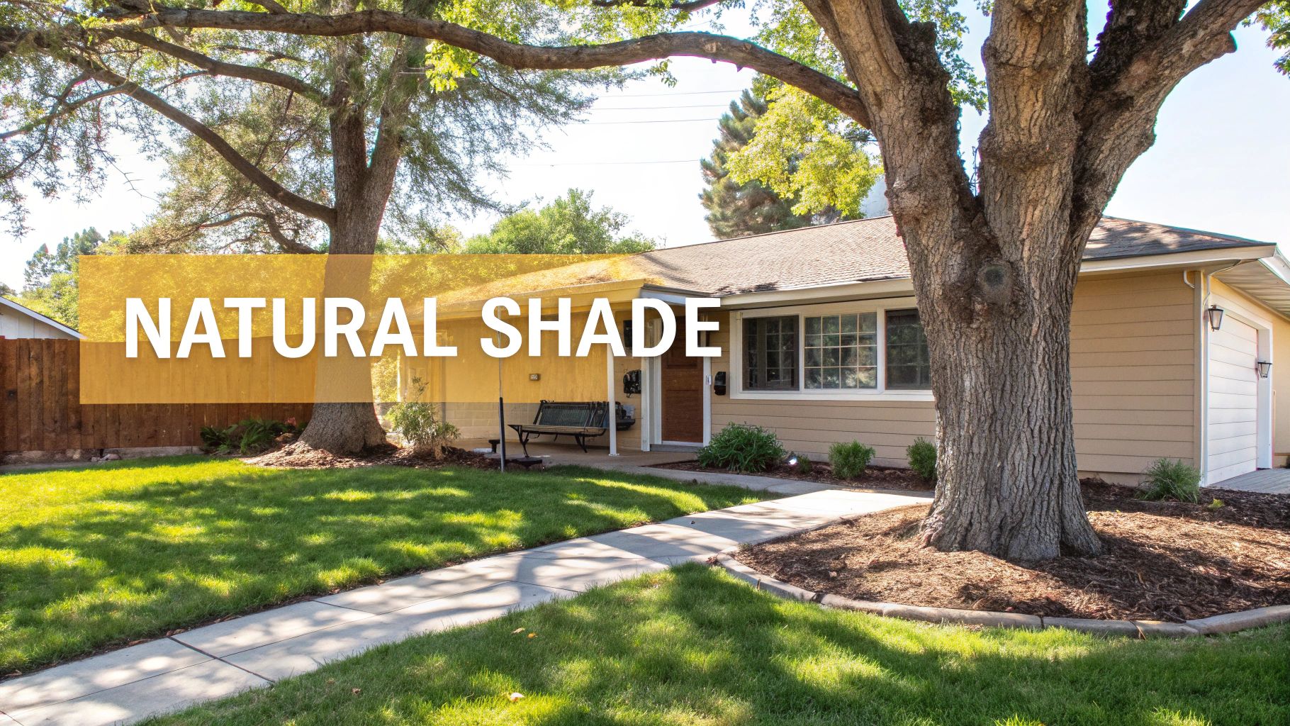 A house with a large tree providing natural shade to the front yard, lawn, and entryway.
