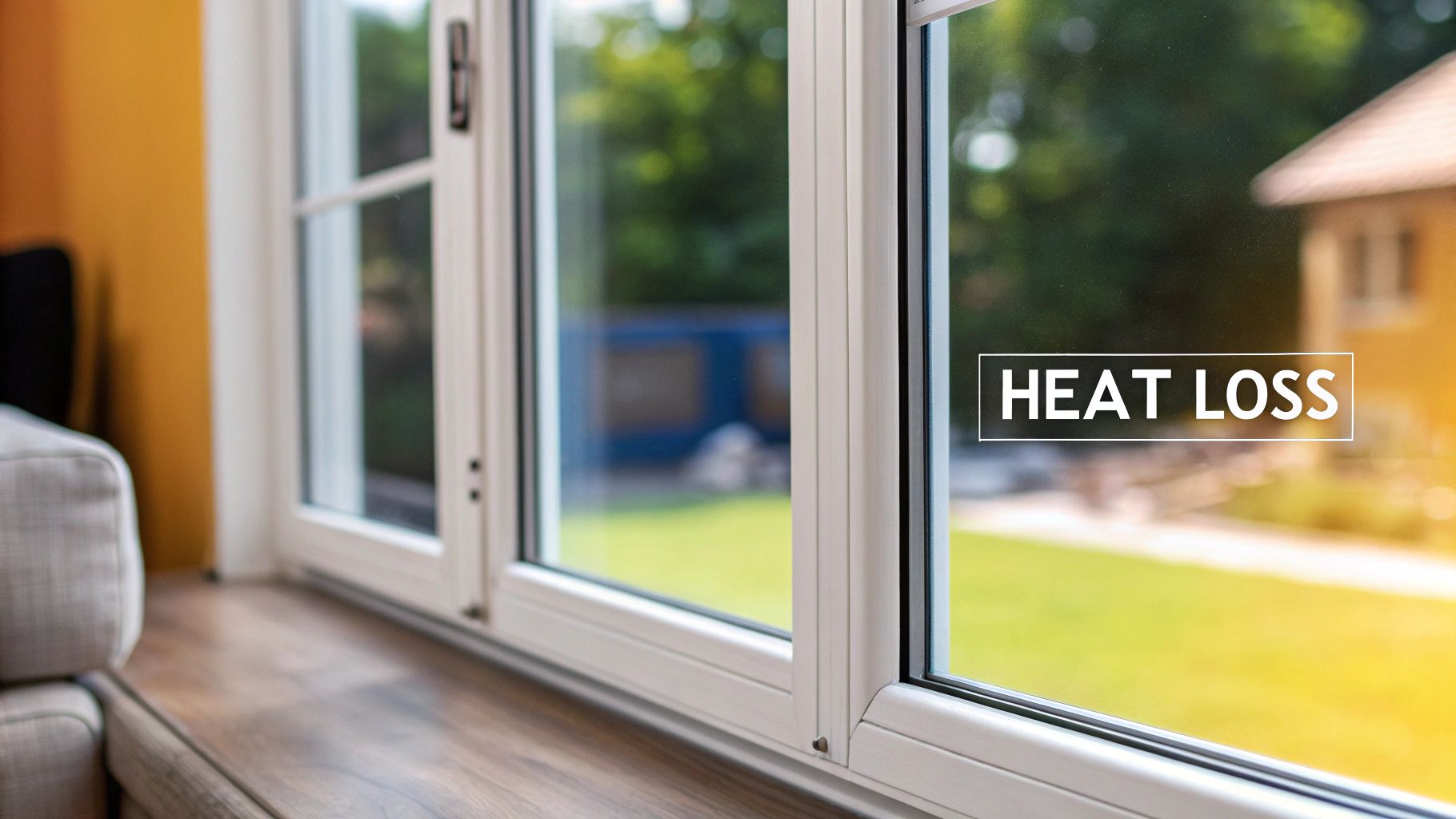 Modern white window from inside a house with 'HEAT LOSS' text, emphasizing home energy inefficiency.