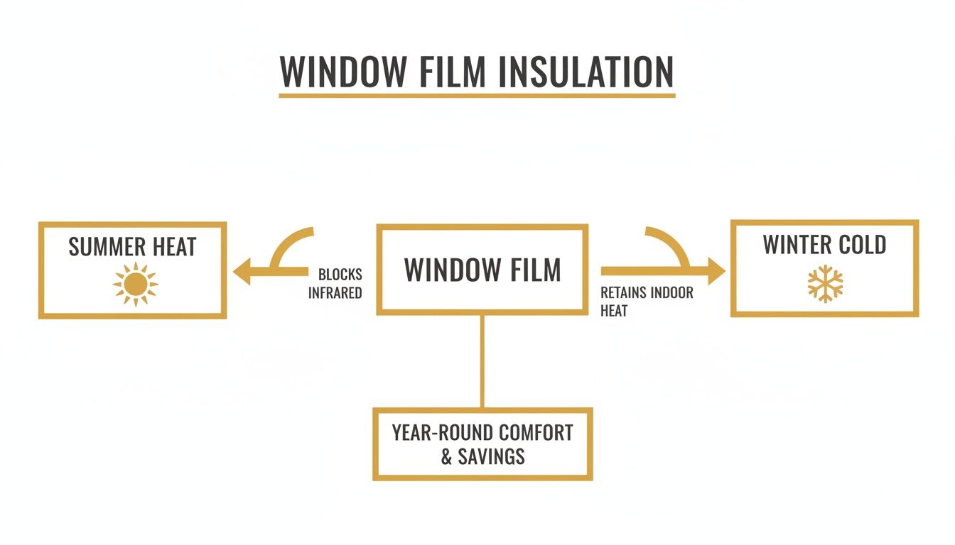 Flowchart demonstrating how window film provides insulation, blocking summer heat and retaining winter heat.